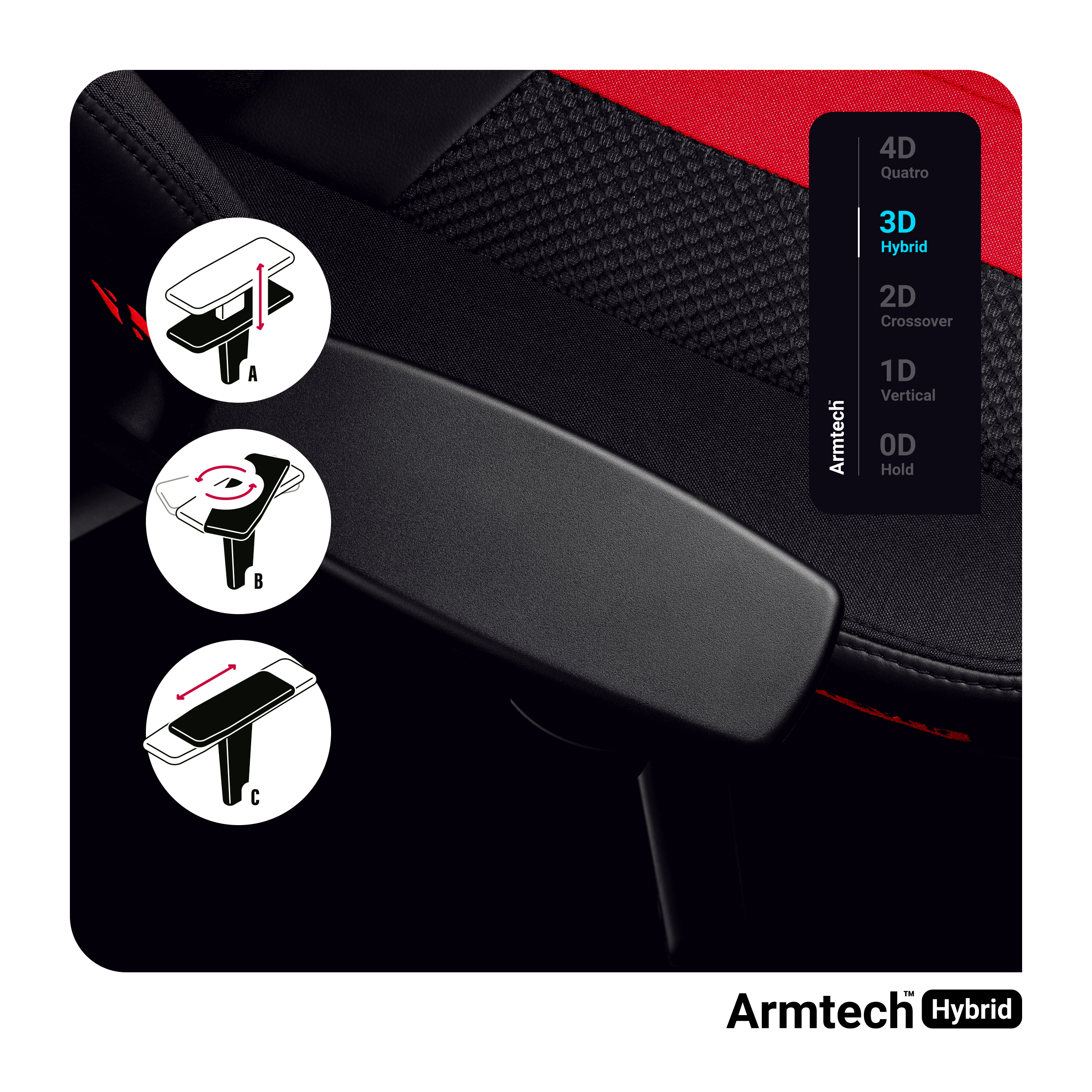 Czarny i czerwony podłokietnik fotela gamingowego z diagramami regulacji. 3D Hybrid wyróżnione na liście.