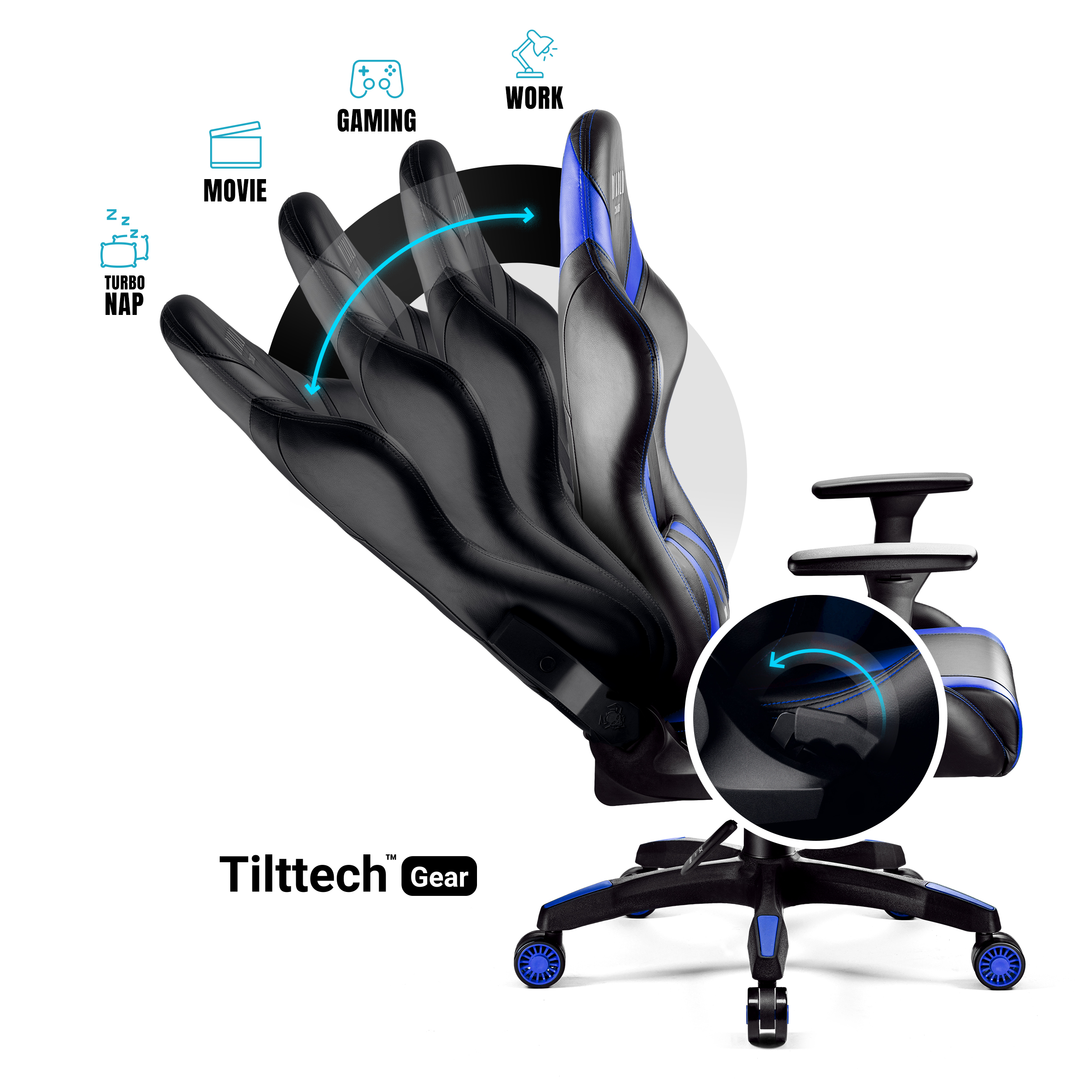 Gaming-Stuhl mit mehreren Einstellungspositionen für Film, Nickerchen, Gaming und Arbeit.