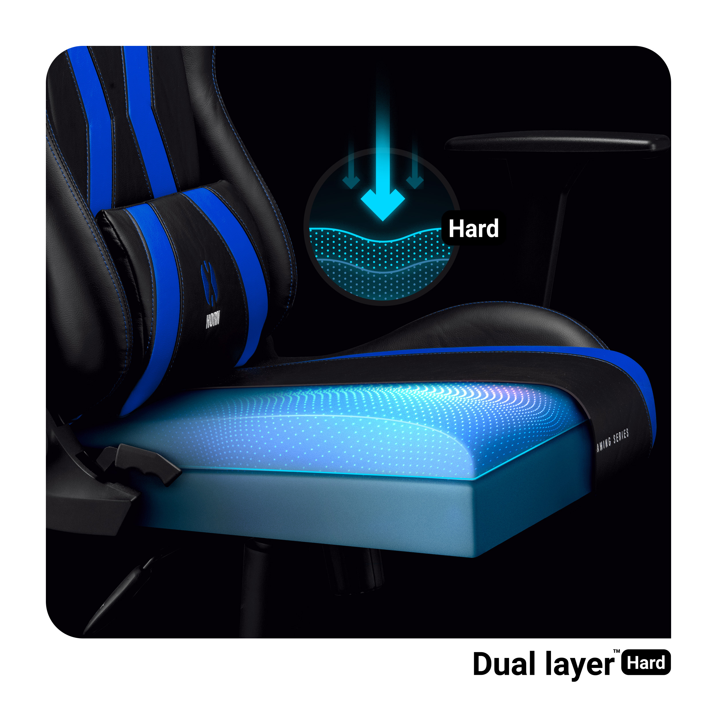 Krzesło gamingowe z niebieskimi i czarnymi akcentami, z dwuwarstwową twardą pianką.