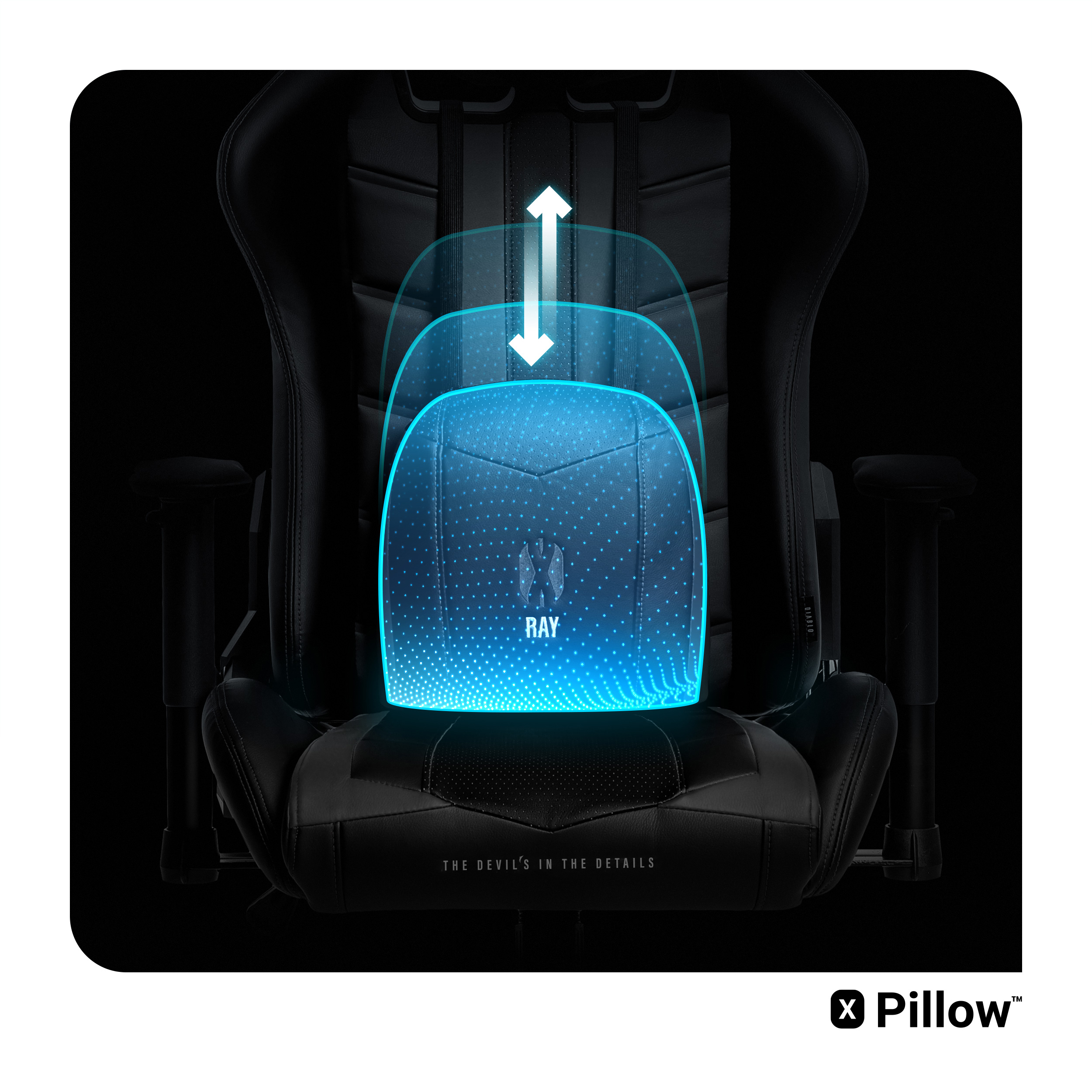 Czarny fotel gamingowy z podświetlaną na niebiesko poduszką, napisy 'X Pillow' i 'The devil's in the details'.