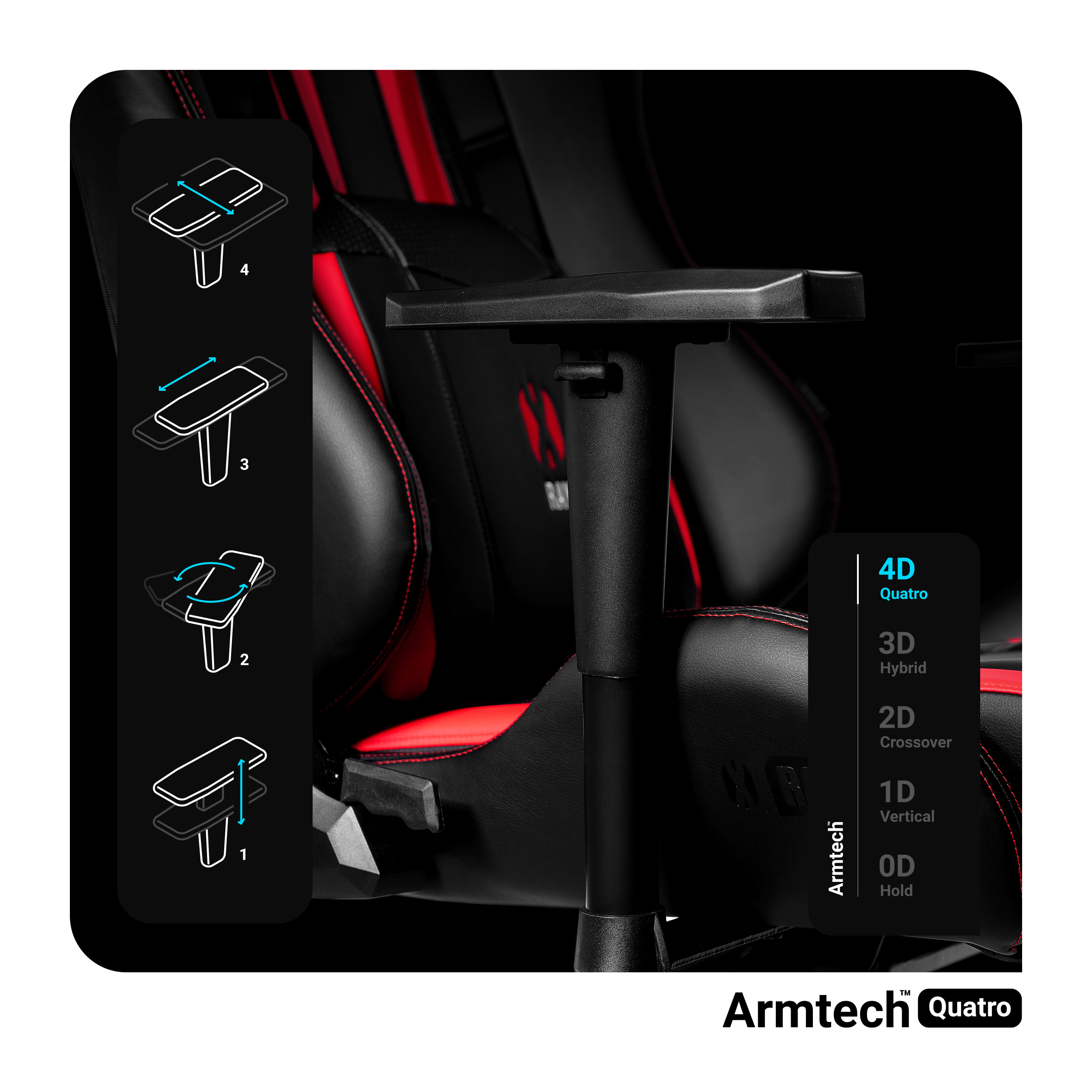 Czarny fotel gamingowy z czerwonymi akcentami. Diagram pokazuje regulację podłokietników.