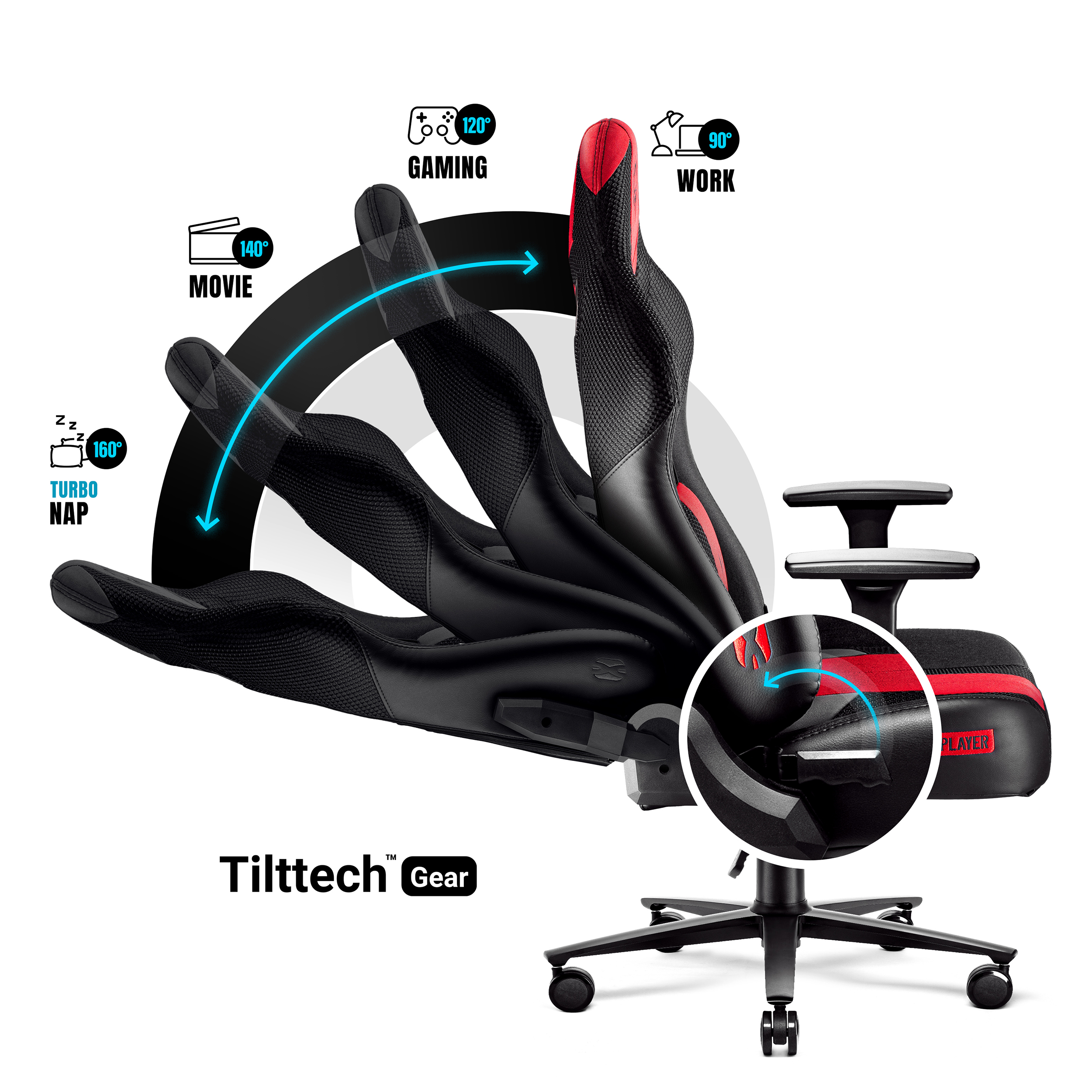 Krzesło do gier pokazujące różne pozycje pochylenia: film, gry, praca i turbo drzemka.