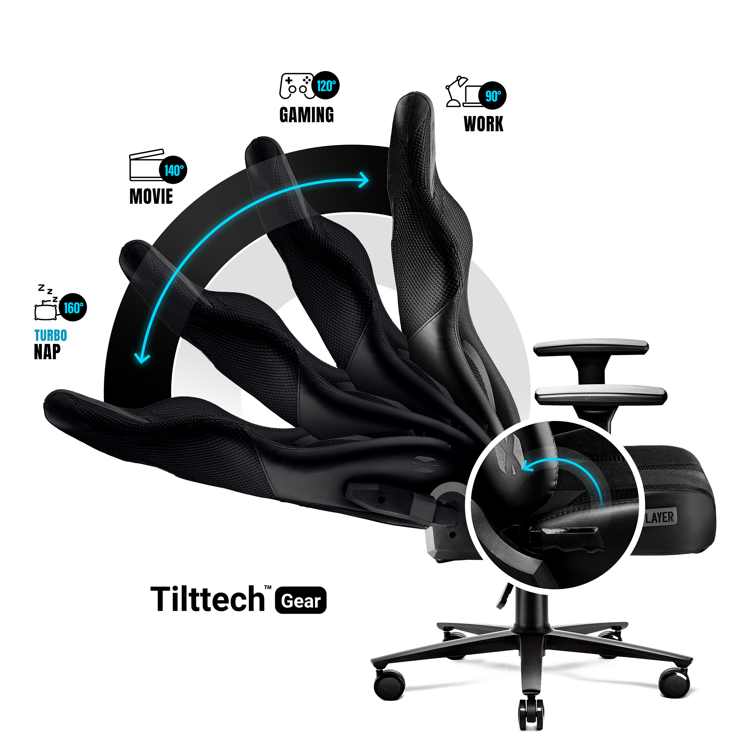 Czarny fotel gamingowy z regulowanymi kątami. Tekst: Tilttech Gear. Białe tło.