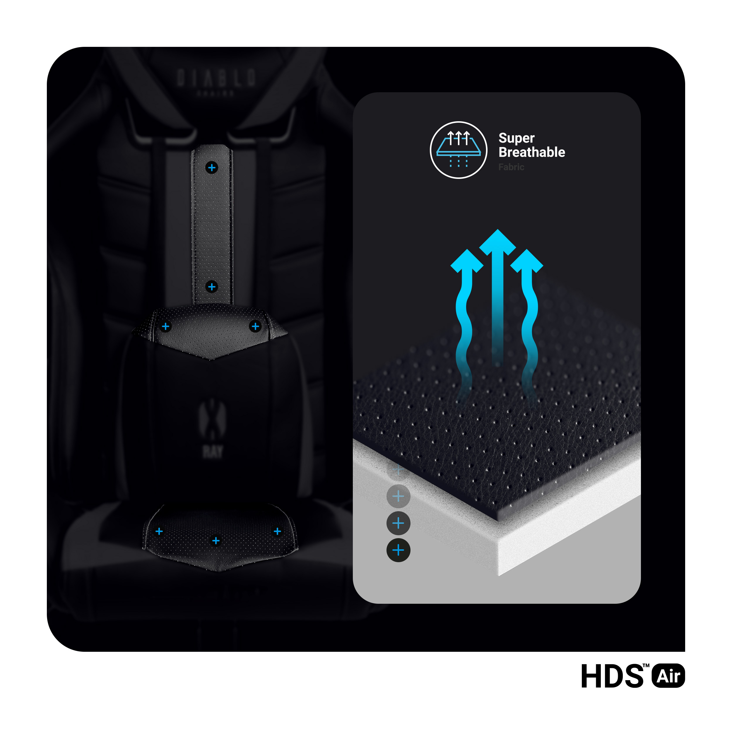 Czarny fotel gamingowy z oddychającą tkaniną i niebieskimi strzałkami wskazującymi wentylację.