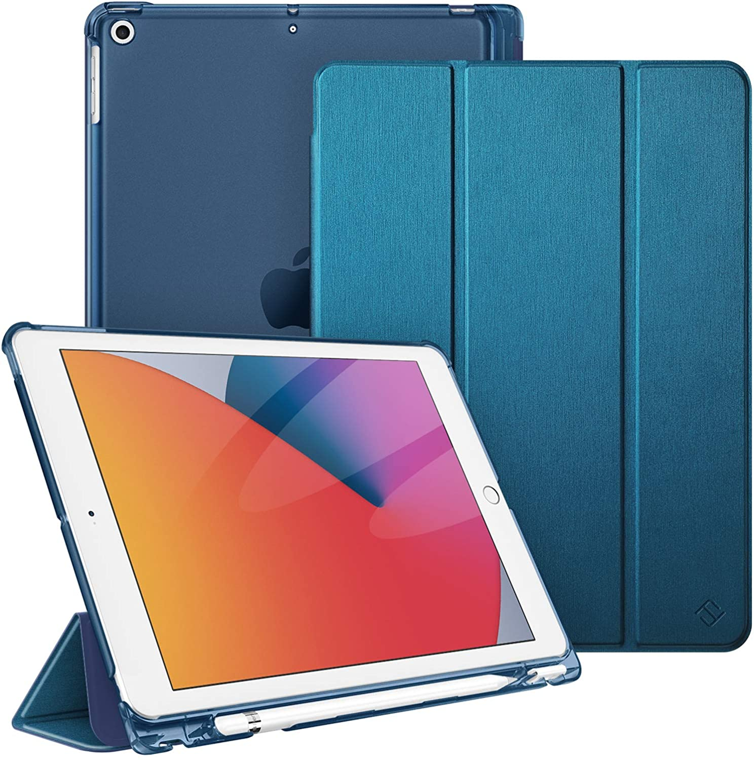 Ein iPad mit drei Schutzhüllen: eine angebracht, eine offen und eine geschlossen. Alle sind blau.