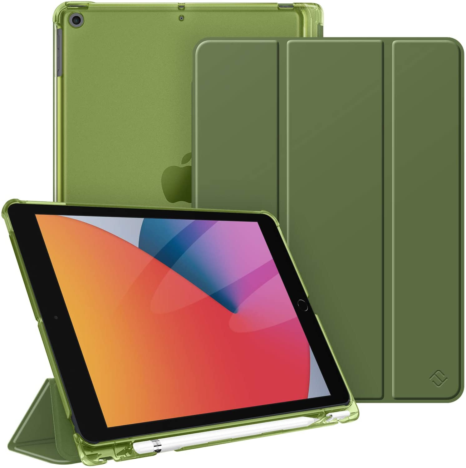 Ein iPad in einer grünen Hülle. Die Hülle hat eine Abdeckung und einen Ständer.