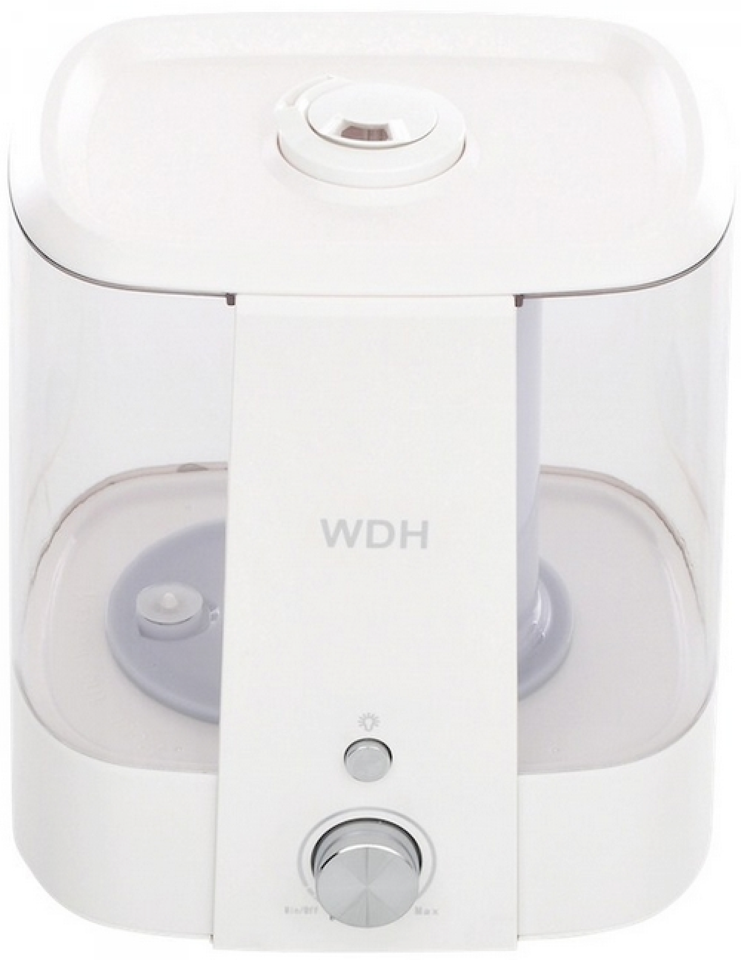 Weißer Luftbefeuchter mit transparentem Wassertank. WDH ist auf der Vorderseite aufgedruckt. Drehknöpfe sind sichtbar.