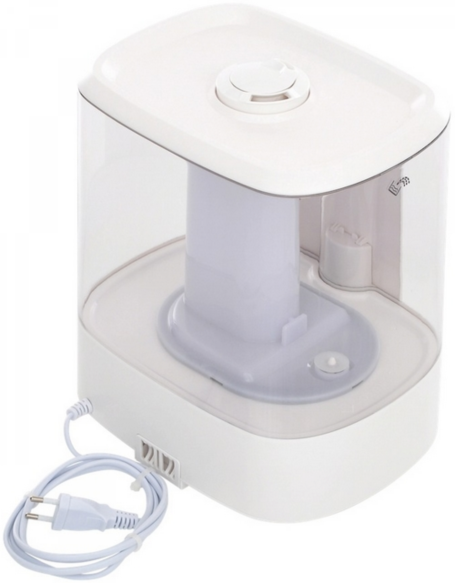 Ein weißer Luftbefeuchter mit transparentem Wassertank, weißer Oberseite und einem Kabel, das in eine Steckdose gesteckt ist.