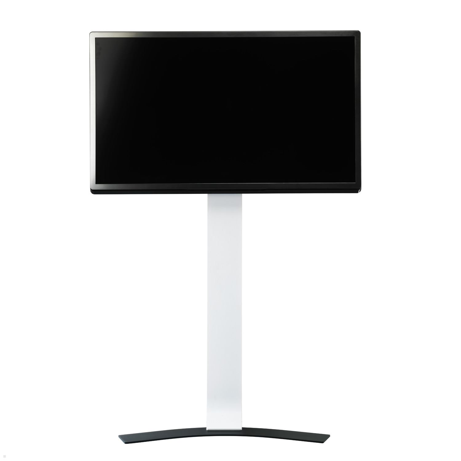 Uno schermo TV su un supporto bianco, con uno schermo nero. Sfondo bianco.