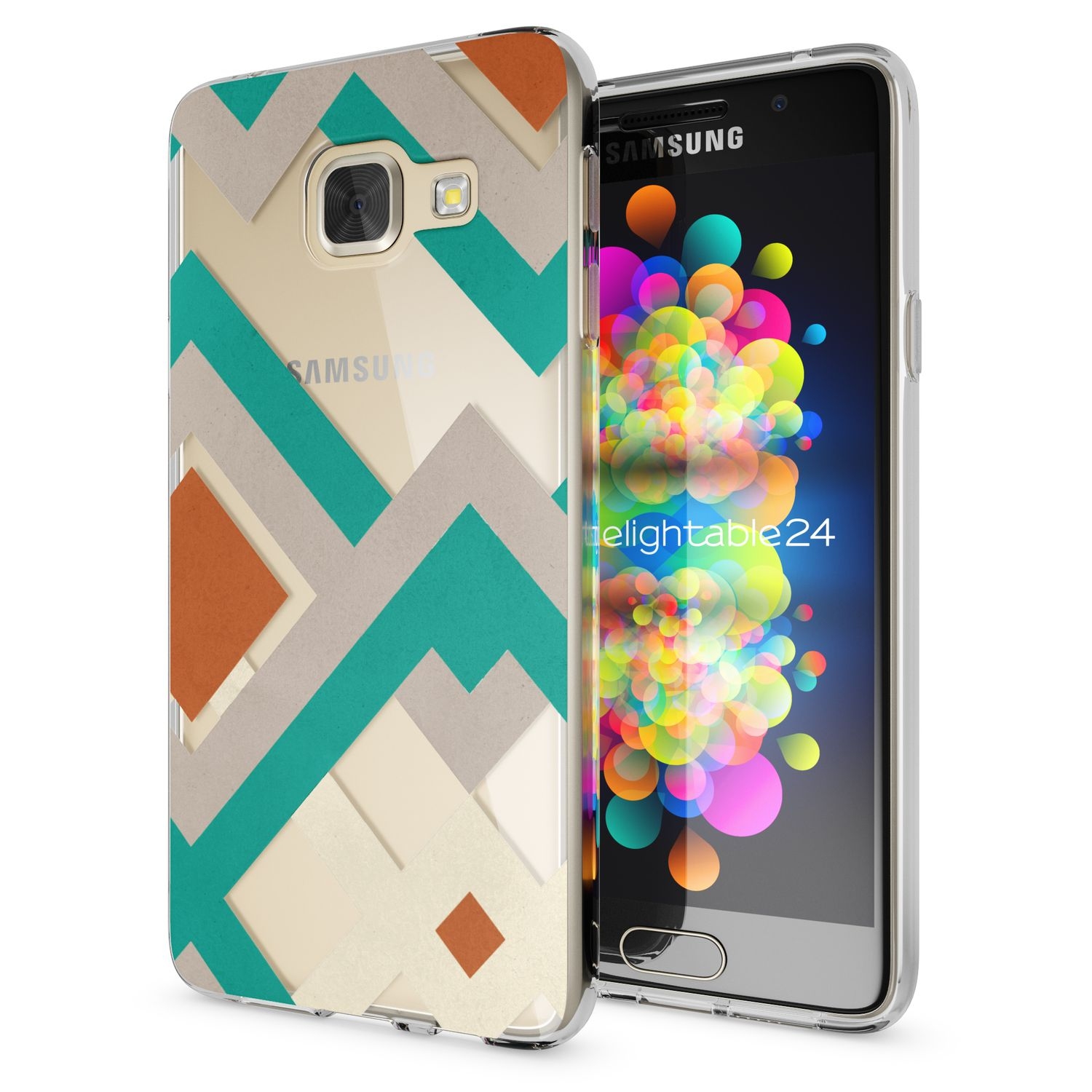 Telefon in einer Hülle mit buntem geometrischem Muster. Samsung-Logo sichtbar. Weißer Hintergrund.