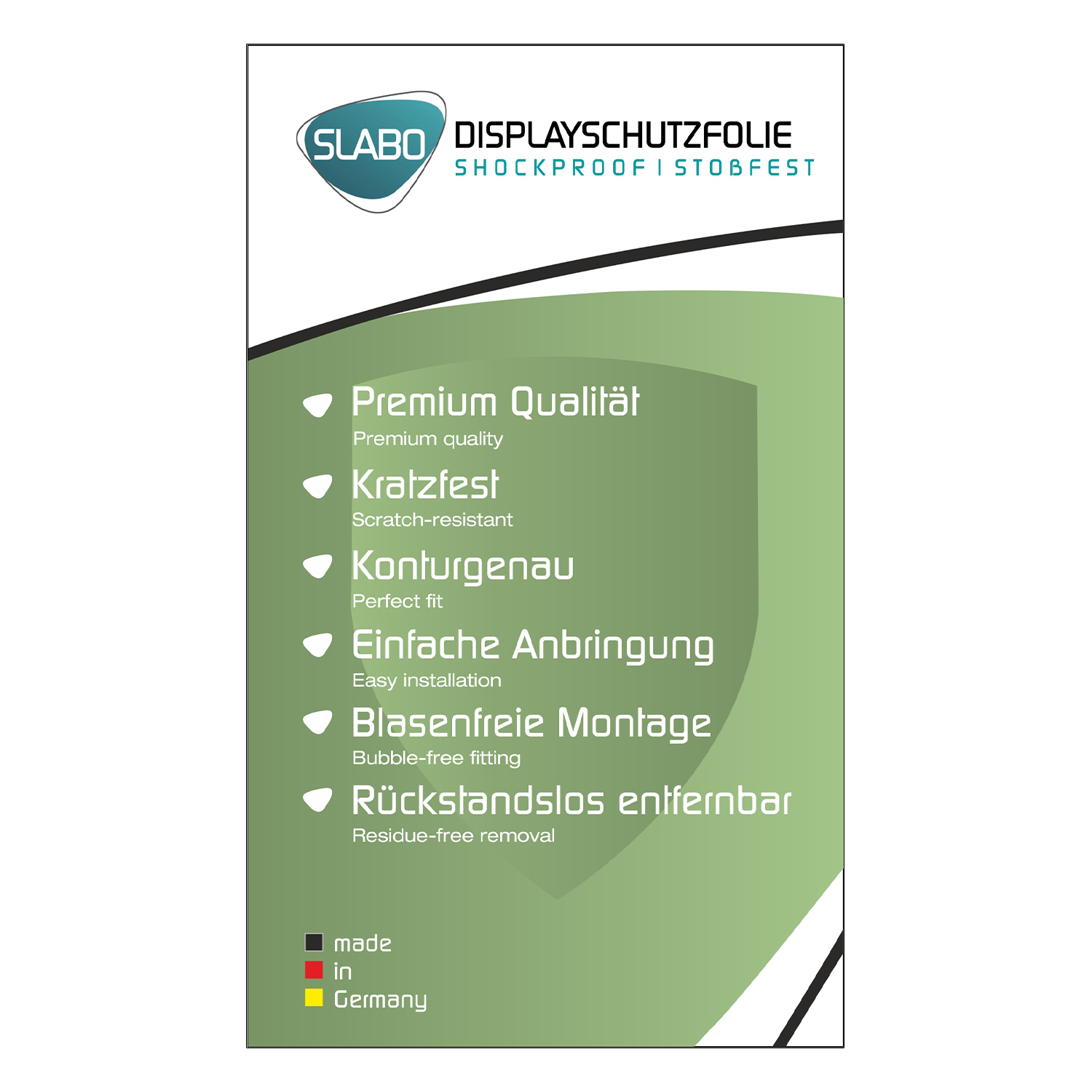 Produktblatt: Premium Qualität, kratzfest, passgenau, einfache Anbringung, blasenfreie Montage.