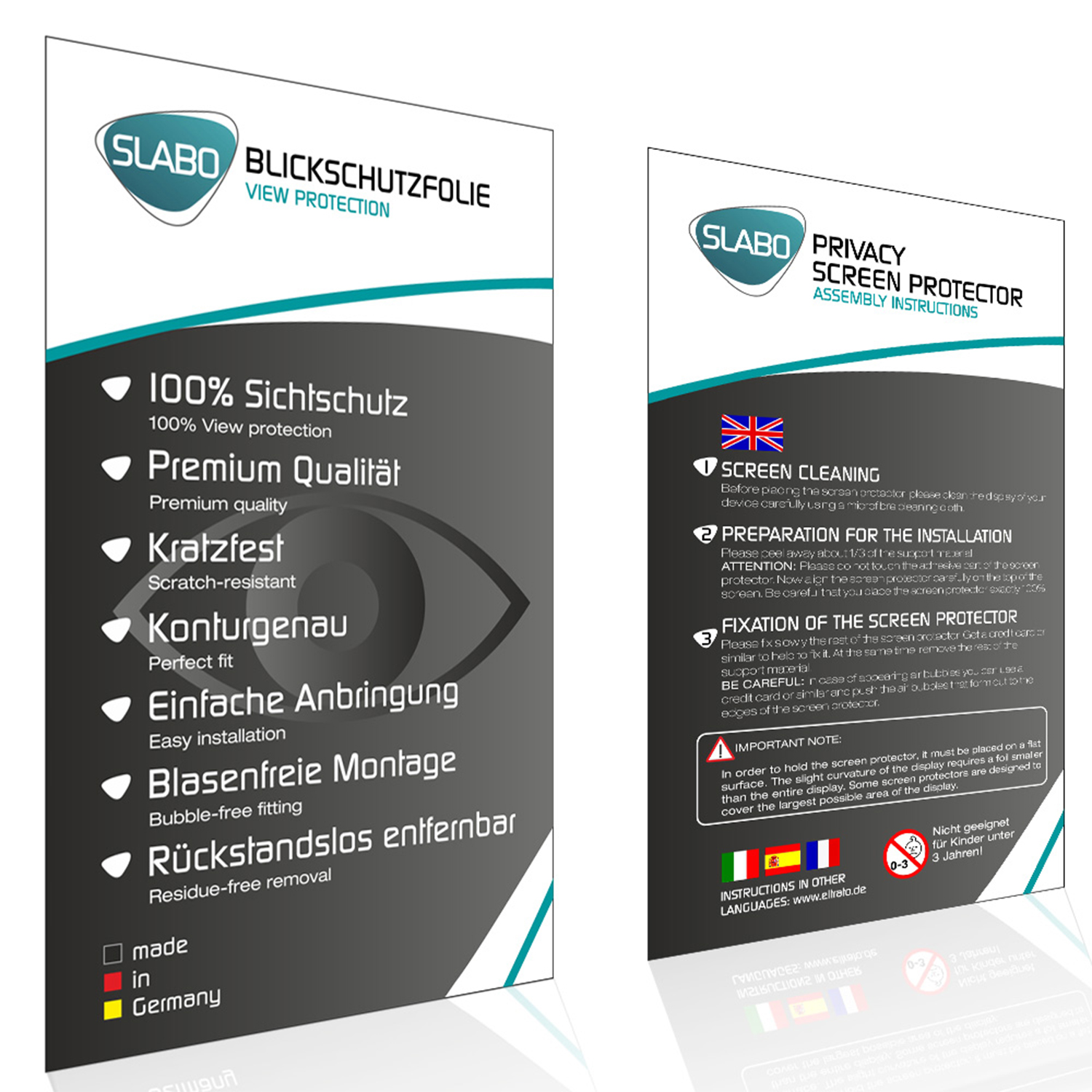 Zweiseitiger Druck mit Produktinformationen und Anweisungen. Enthält Logos und Text in mehreren Sprachen.