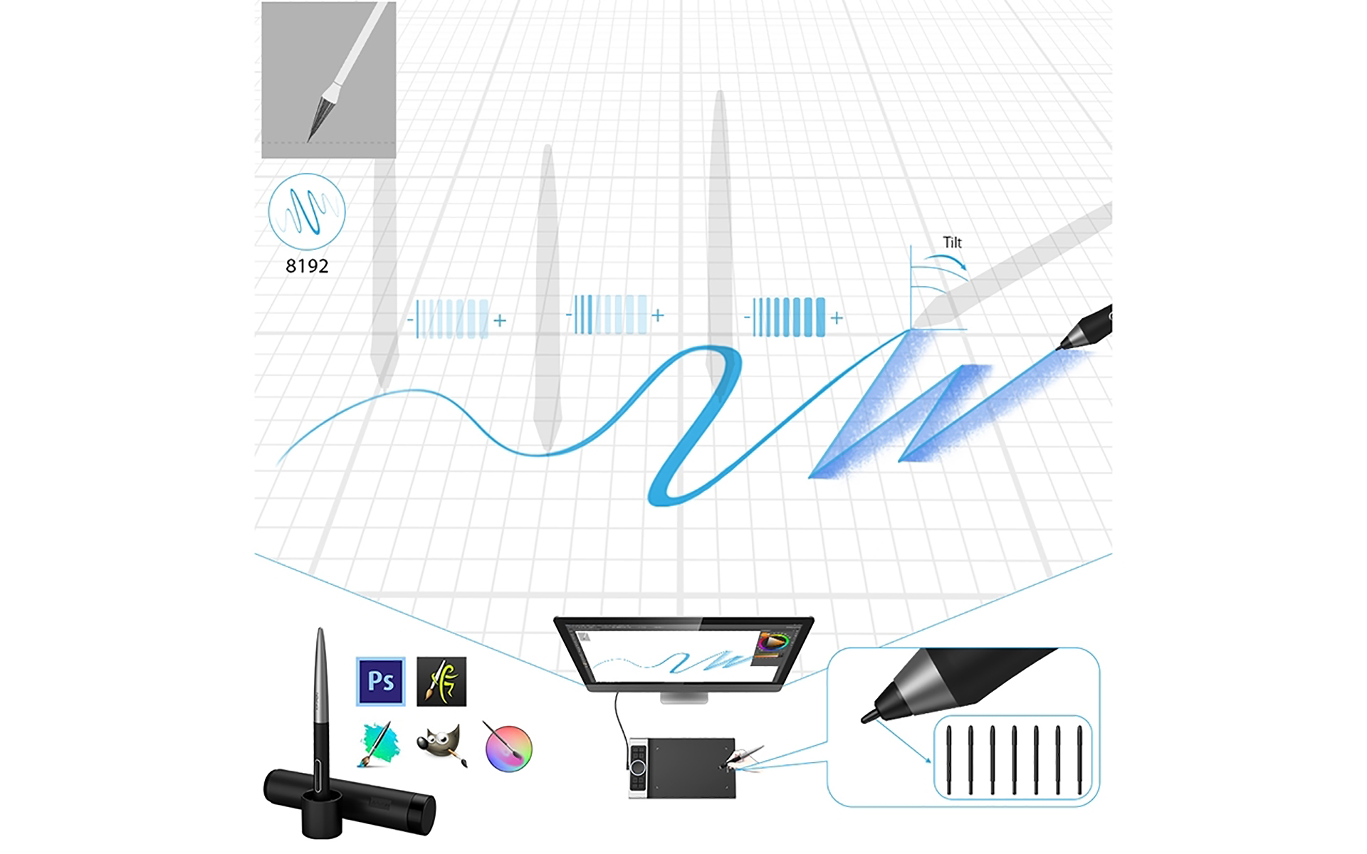 Configuración de tableta de dibujo con un lápiz. La pantalla muestra líneas dibujándose. Hay software.