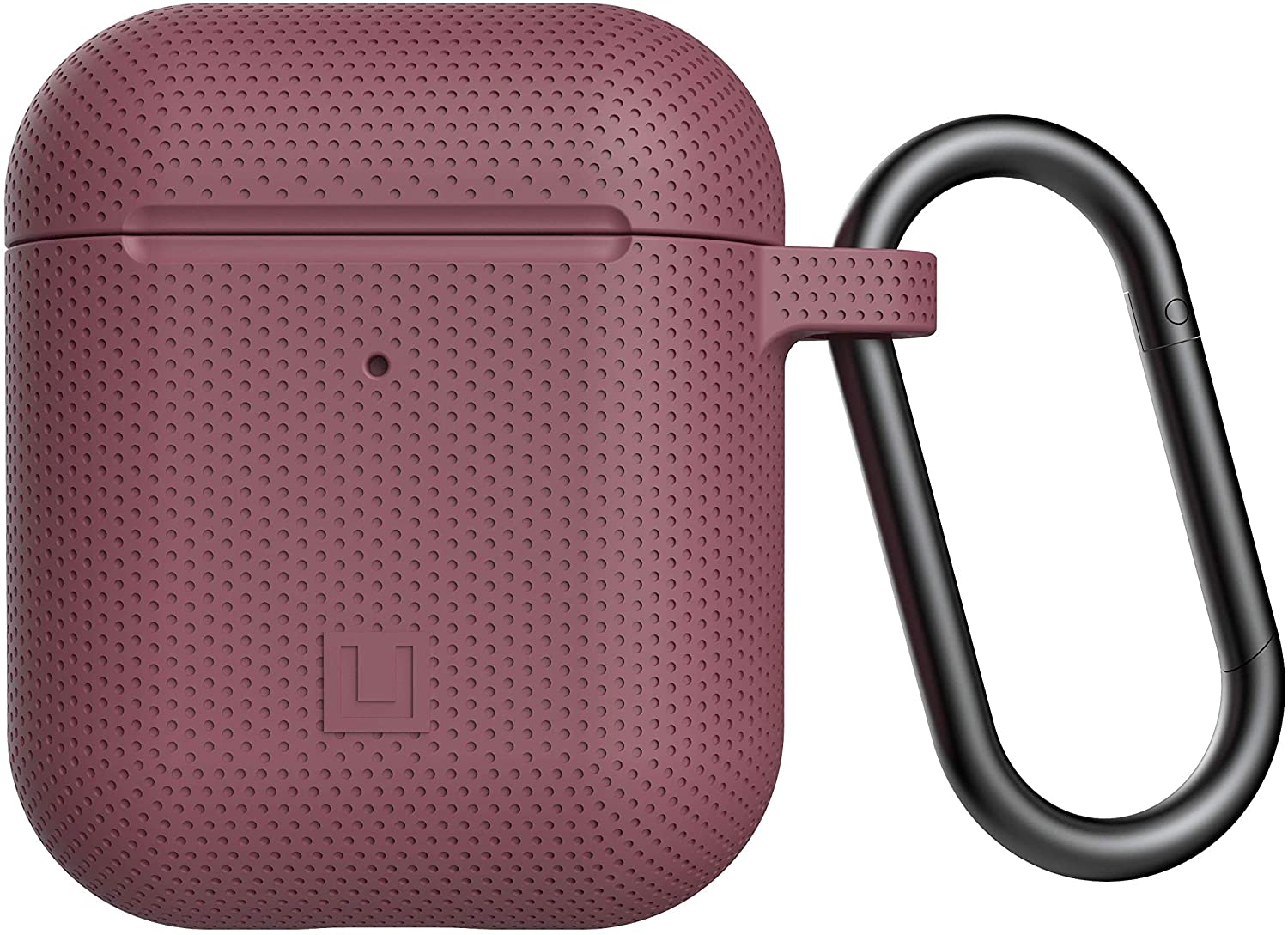Ein weinrotes Kopfhörer-Etui mit einem schwarzen Karabiner.