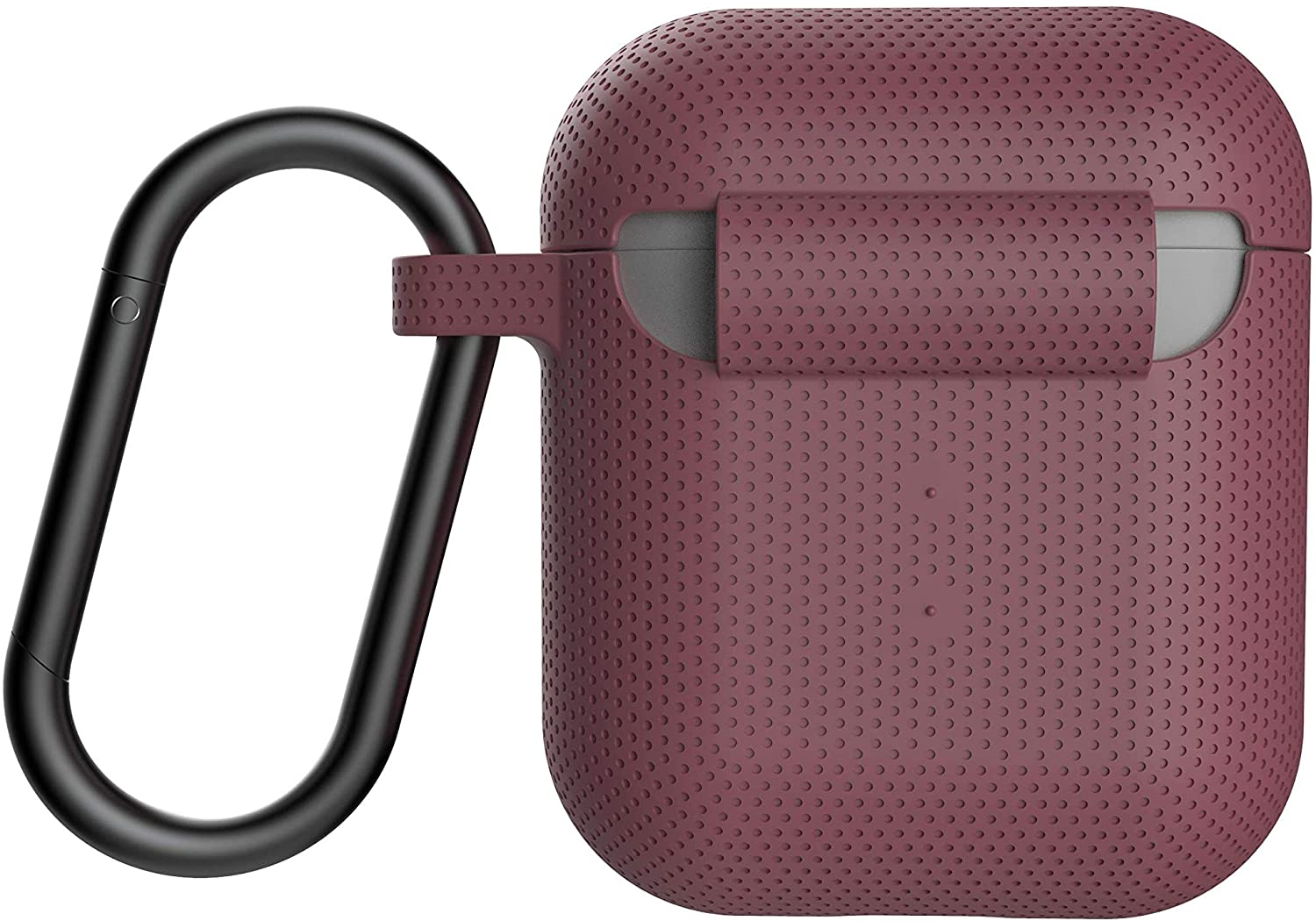 Ein weinrotes AirPods-Etui mit einem schwarzen Karabiner. Weißer Hintergrund.