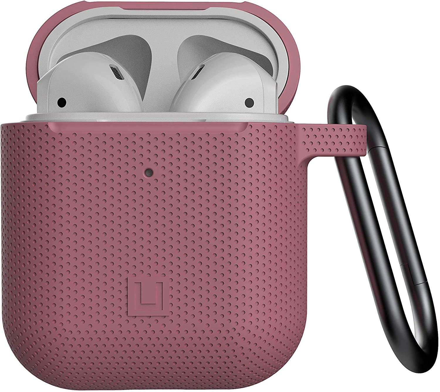 Ein weinrotes AirPod-Etui mit zwei weißen AirPods. Schwarzer Metallring.