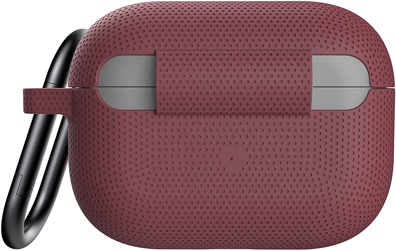 Bordeauxrote AirPods Pro Hülle mit schwarzem Karabiner. Die Hülle hat eine gepunktete Textur.