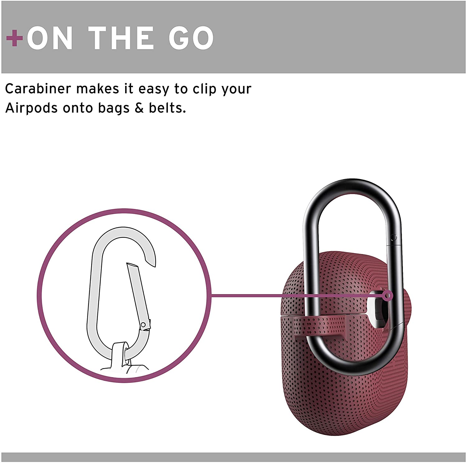 AirPods-Etui mit Karabiner. Ein Karabiner ist am roten Etui befestigt. Text: Unterwegs.