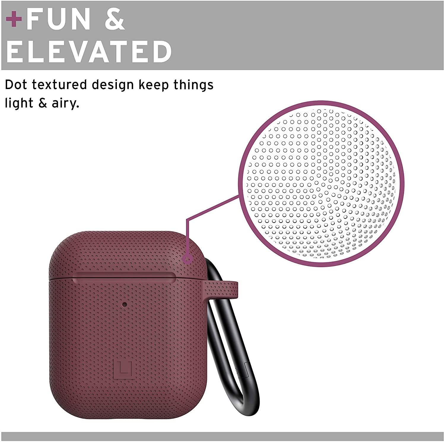 Bordeauxfarbenes AirPod-Case mit Karabiner. Weißer Hintergrund, gepunktetes Design.
