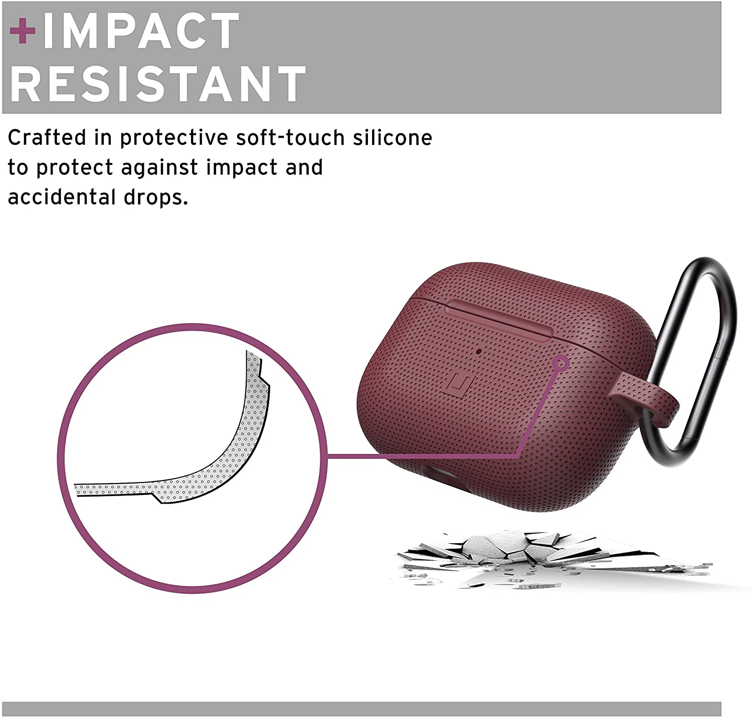 Rotes Kopfhörer-Etui mit schwarzem Haken. Text sagt 'Impact Resistant' und zeigt Glasbruch.