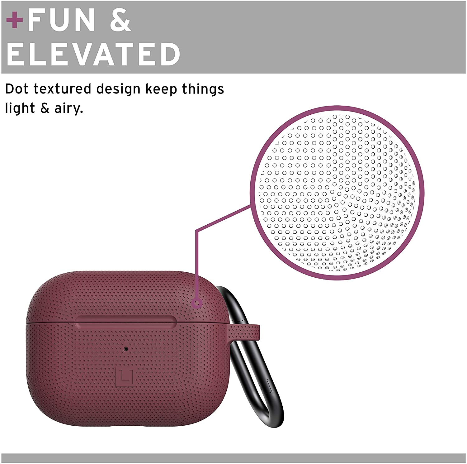 Eine weinrote AirPods-Hülle mit strukturiertem Design. Ein schwarzer Clip ist angebracht. Text: '+ FUN & ELEVATED'.