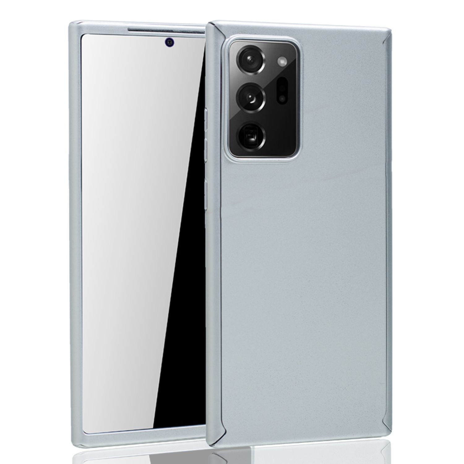 Ein Telefon in einer hellblauen Hülle. Der Bildschirm ist an und weiß. Es ist vor einem weißen Hintergrund.