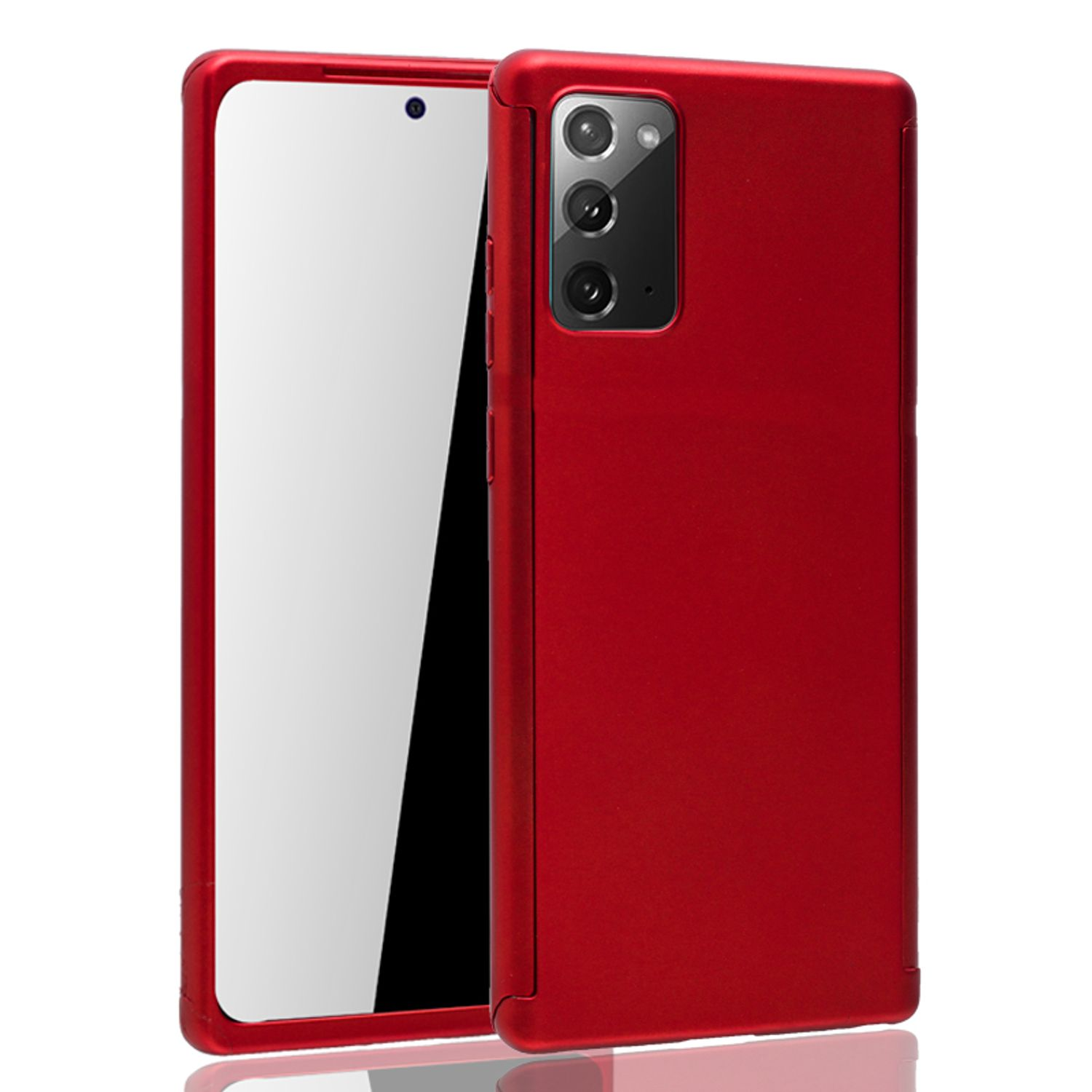 Rotes Telefon mit Hülle. Telefon hat drei Kameras und einen hellen Bildschirm.