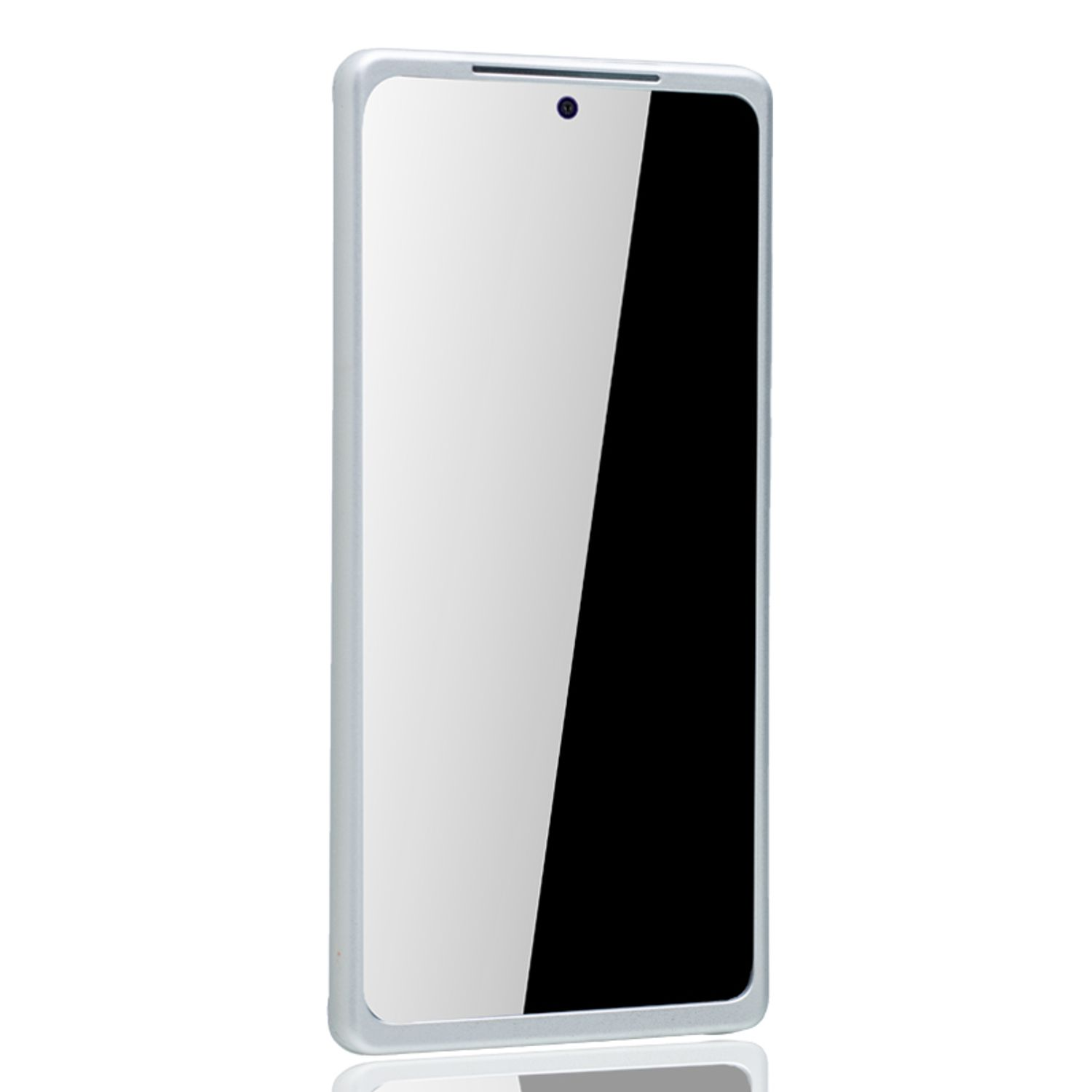 Ein Smartphone mit weißem Bildschirm, silbernem Rahmen und schwarzem Bildschirm, vor weißem Hintergrund.
