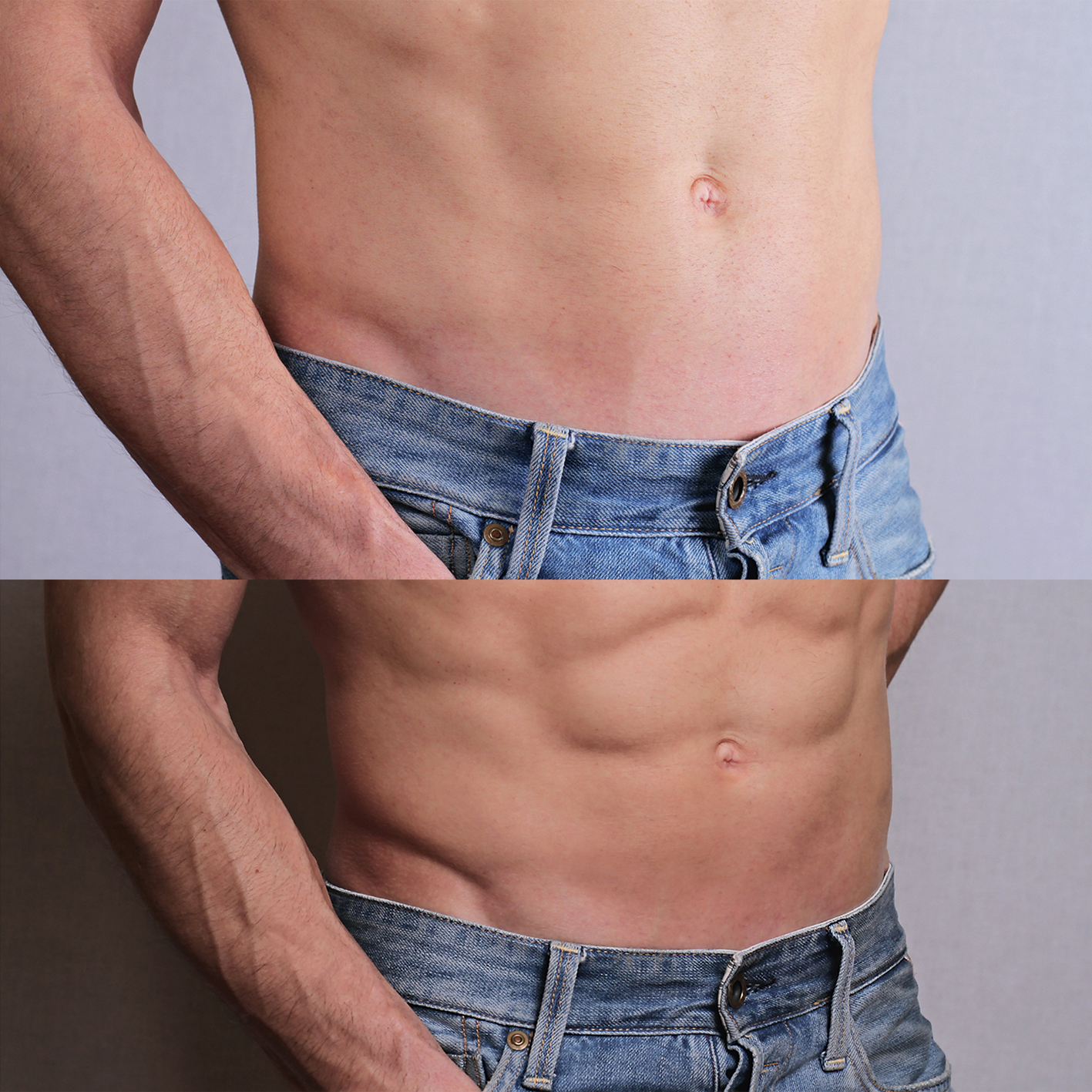 Zwei Bilder eines männlichen Torsos, der Jeans trägt. Fokus auf dem Bauch.