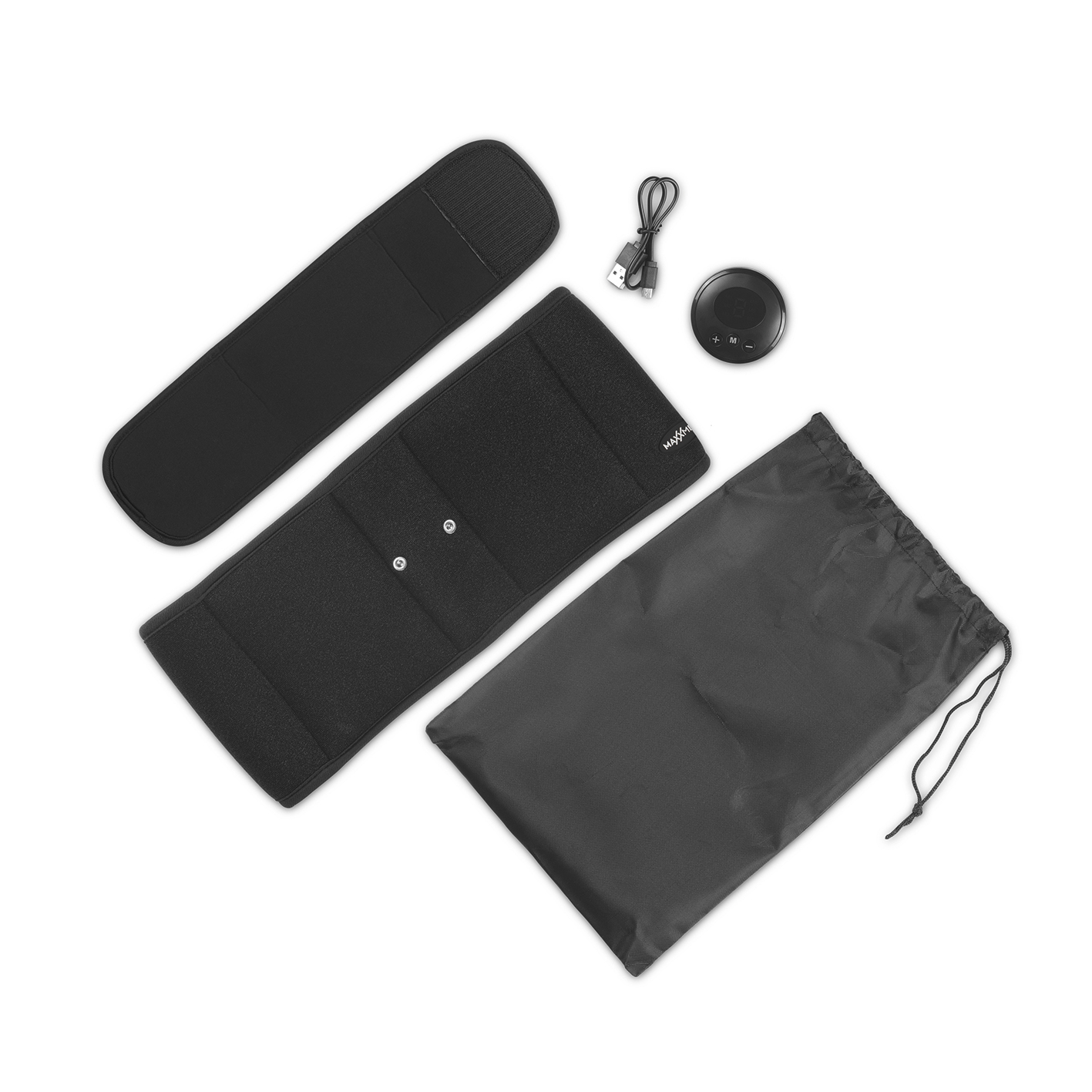 Schwarzes Zubehör, einschließlich eines Pads, eines kleinen runden Geräts und eines Kordelzugsacks. Alles ist schwarz.