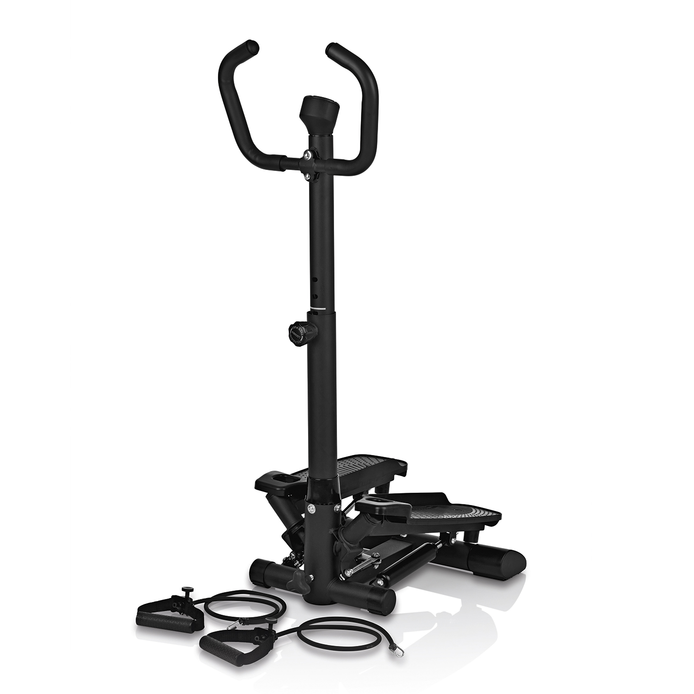 Schwarze Stepper-Maschine mit Griffen und Widerstandsbändern.