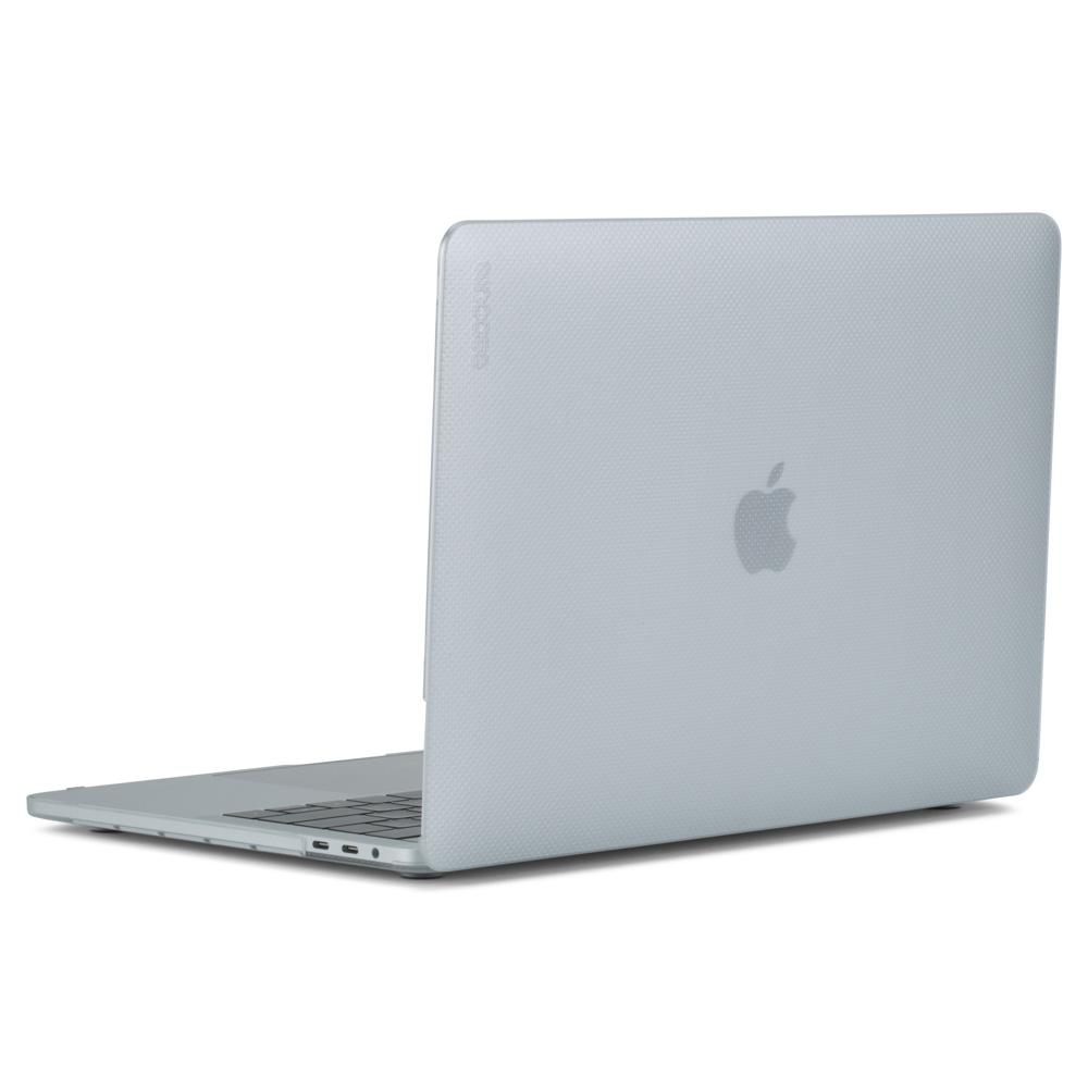 Laptop grigio con coperchio aperto. Logo Apple visibile. Su superficie bianca.