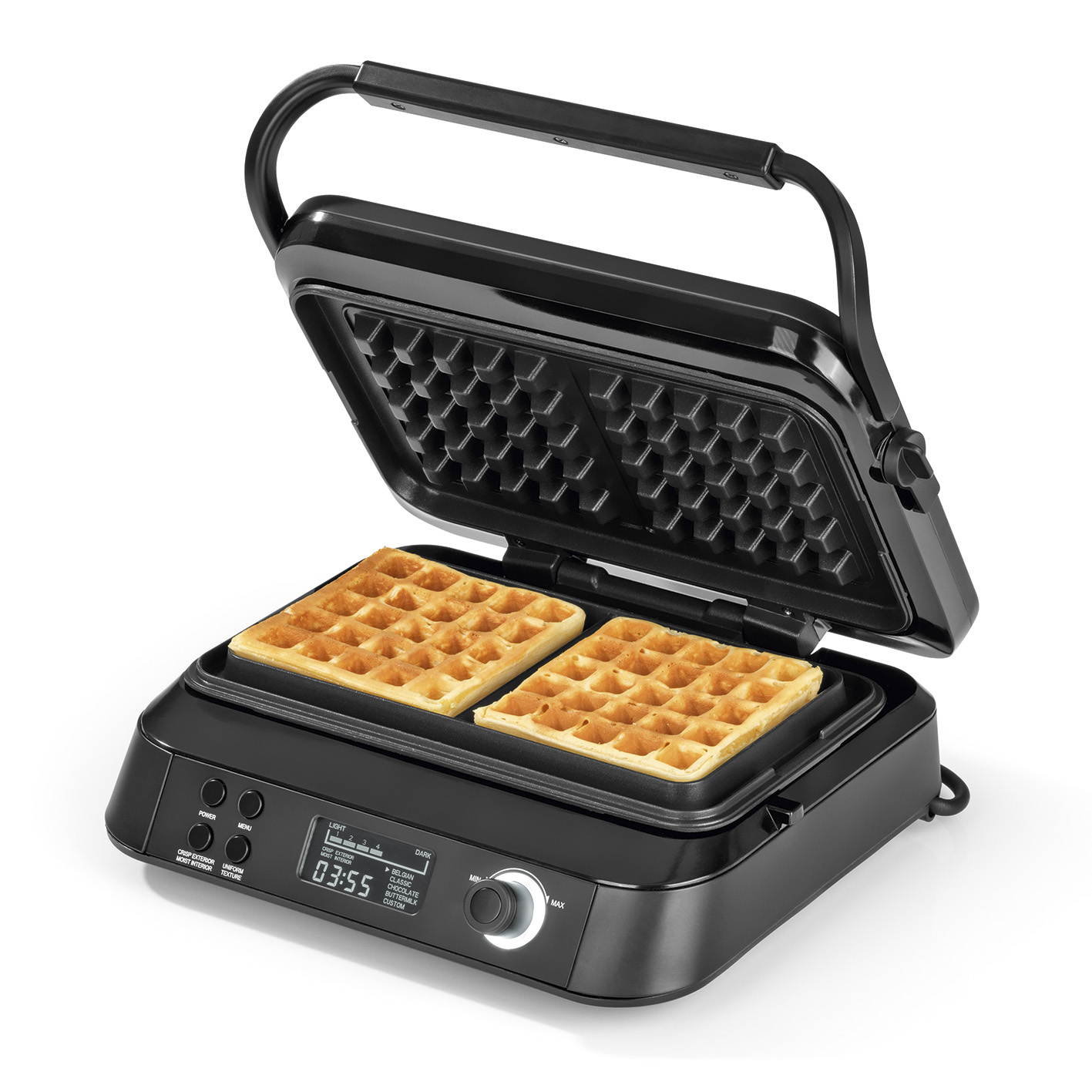 Macchina per waffle nera, aperta, con due waffle cotti all'interno. Display digitale e pannello di controllo visibili.