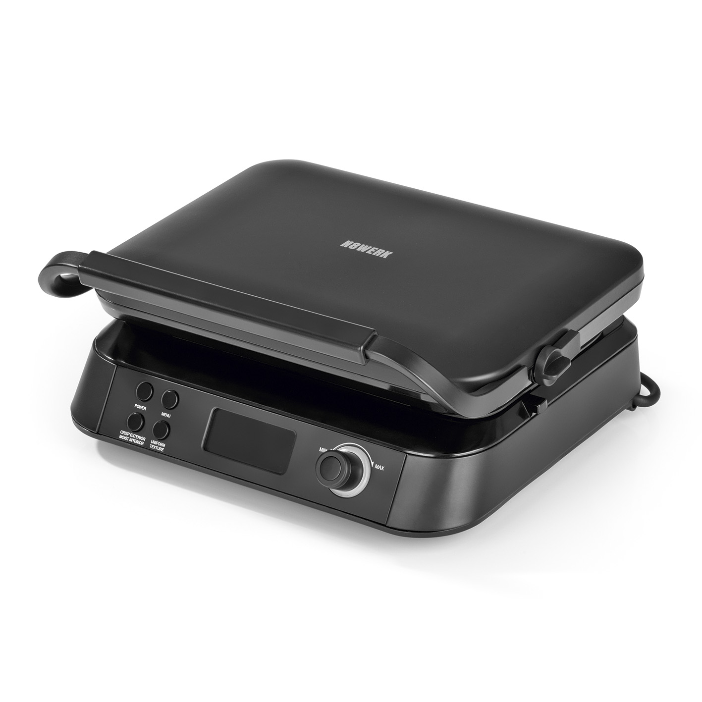 Piastra per panini nera con pulsanti di controllo e display digitale.