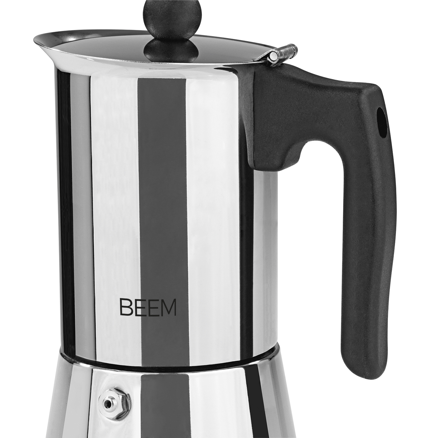 Eine Kaffeemaschine aus Edelstahl mit schwarzem Griff und Deckelgriff. Die Marke BEEM ist sichtbar.