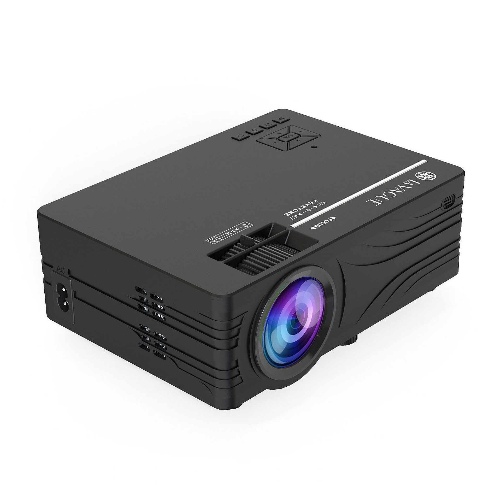 Proyector negro con una lente mirando al espectador.