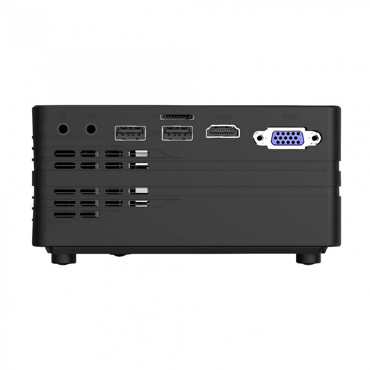 Schwarzer Projektor mit Anschlüssen (Audio, AC, USB, HDMI, VGA) auf der Rückseite.