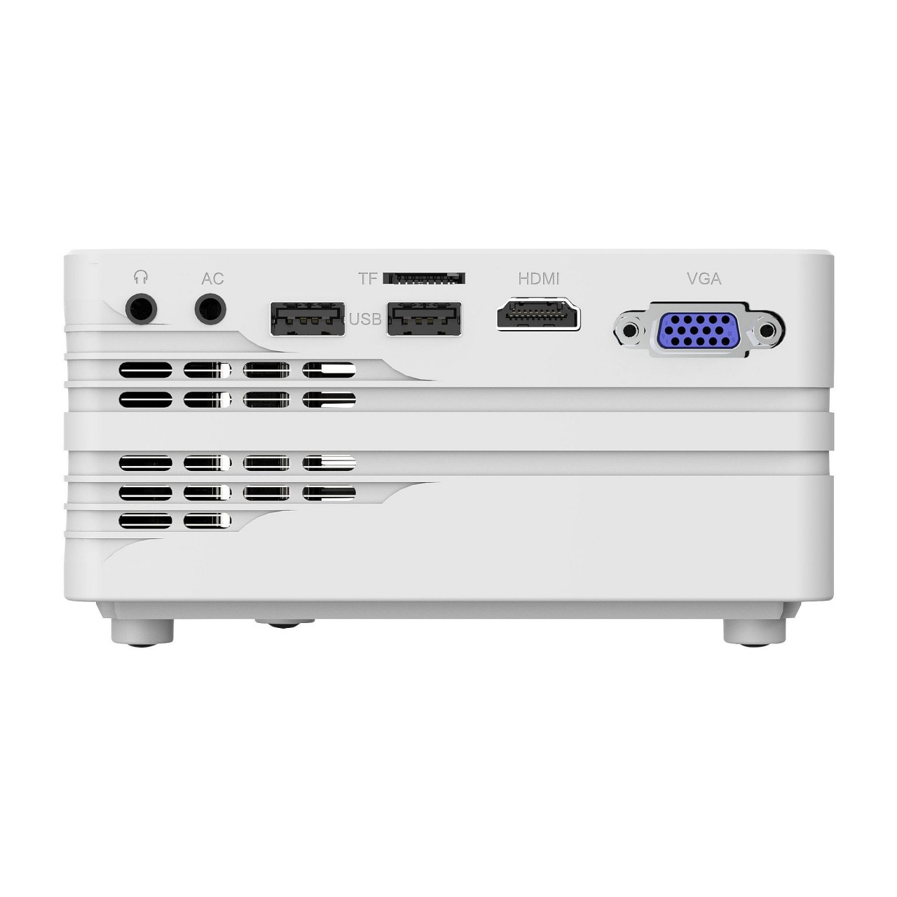 Rückansicht eines weißen Projektors. Anschlüsse für Audio, USB, TF-Karte, HDMI und VGA sind sichtbar.