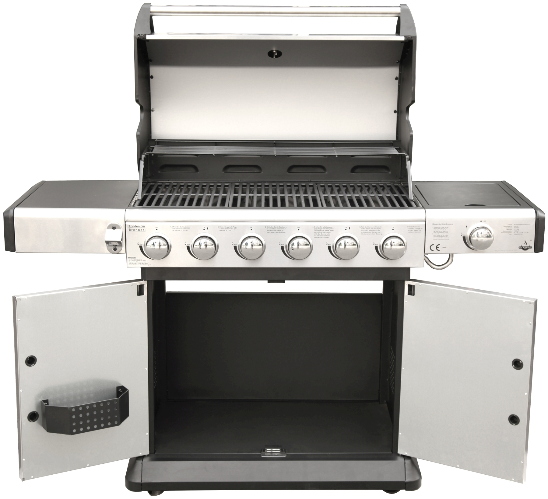 Gasgrill aus Edelstahl mit offenem Deckel und geöffneten Türen. Silberne Knöpfe und schwarzer Innenraum.