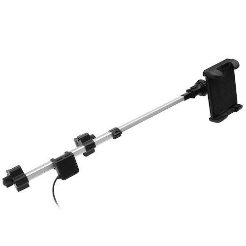 Tablethalterung für das Auto, mit verstellbarem Arm und Telefonhalter.