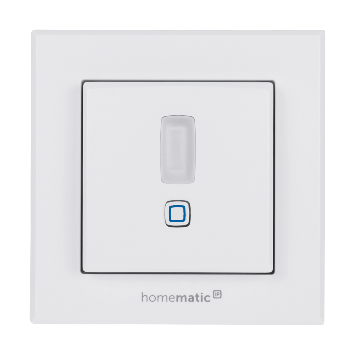 Biały inteligentny przełącznik z niebieskim światłem i małym przyciskiem.