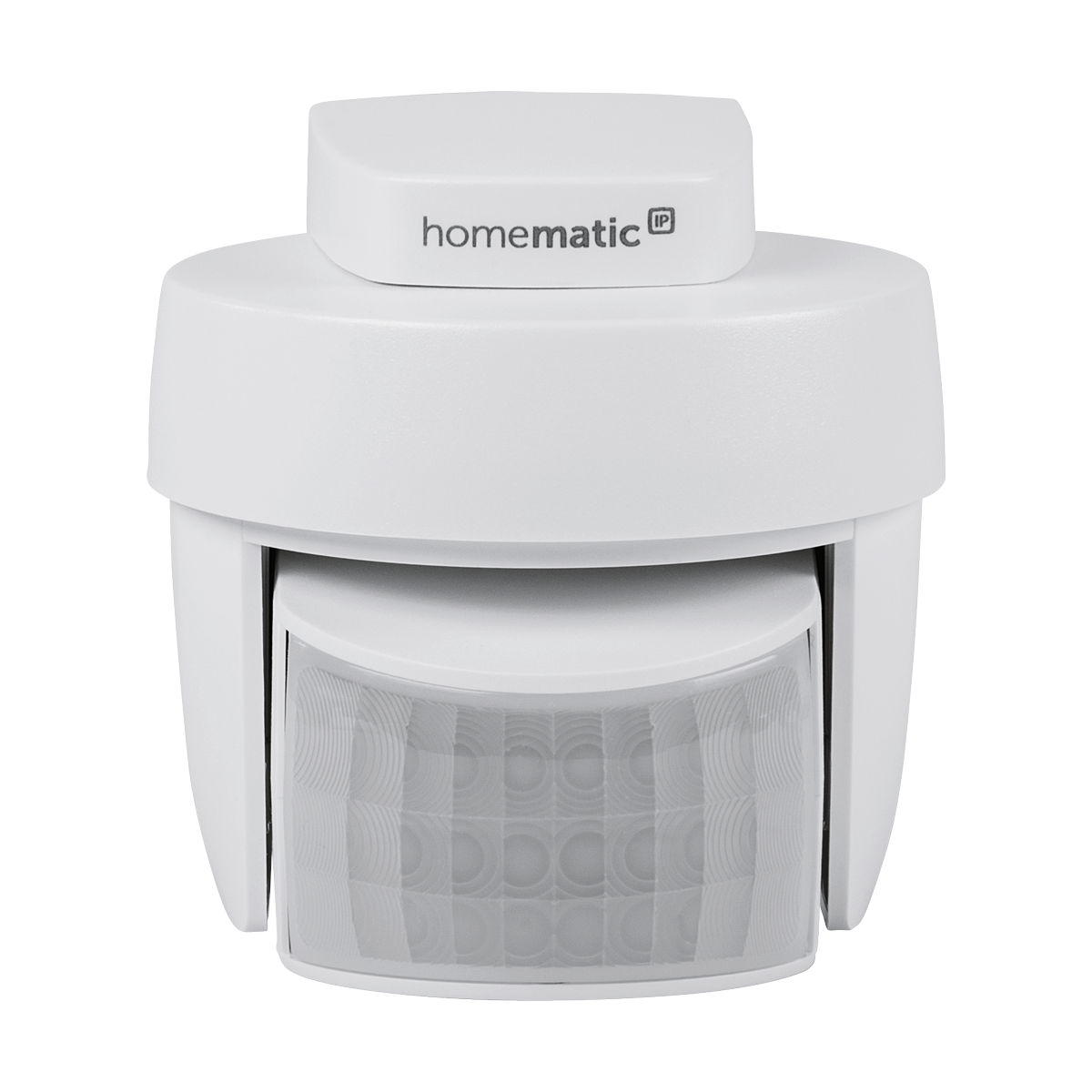 Białe, zaokrąglone urządzenie zabezpieczające z szarym czujnikiem, z napisem 'homematic IP'.