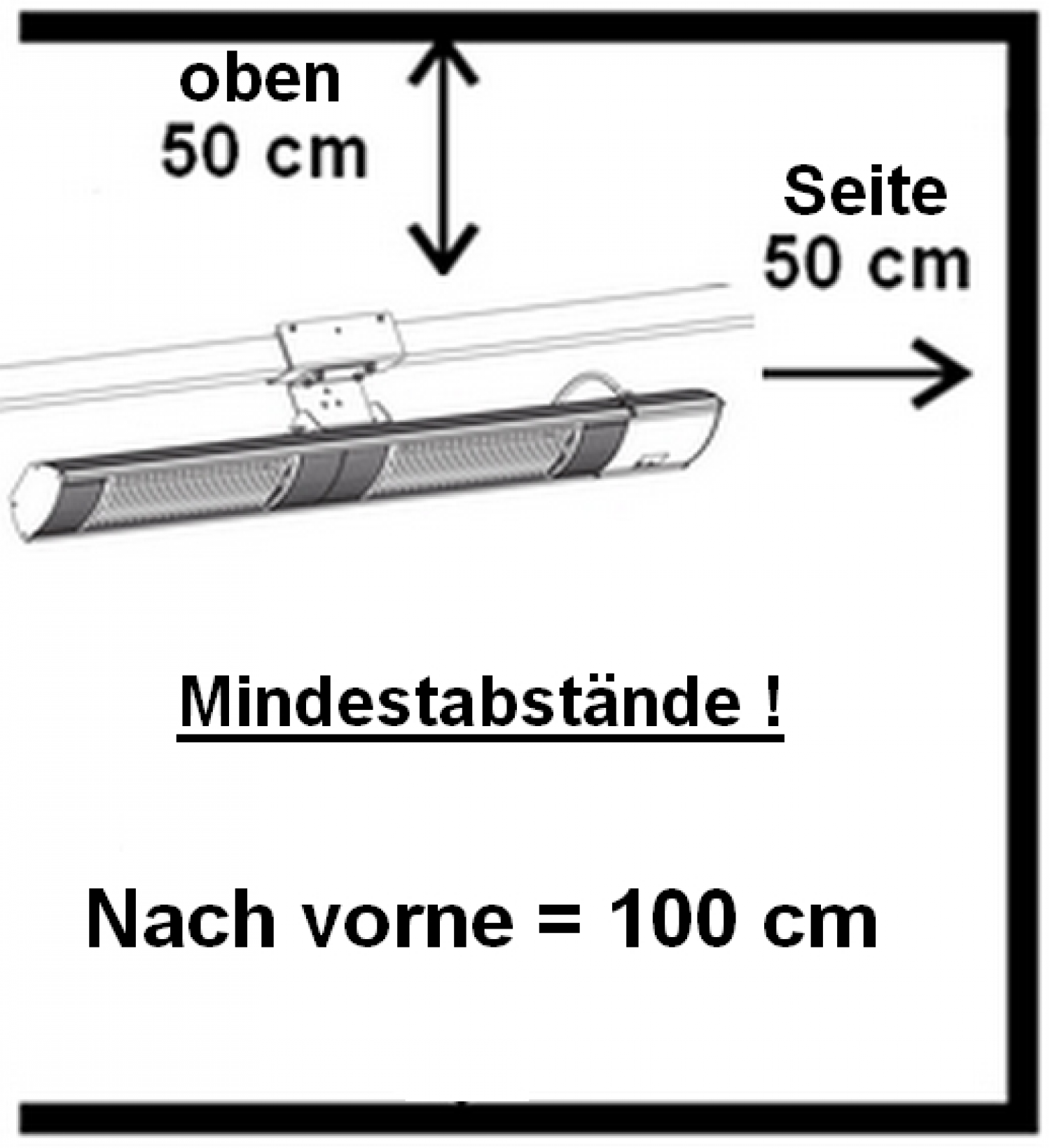 Schwarzer und silberner Heizstrahler mit Text, Pfeilen und Maßen. Weißer Hintergrund.