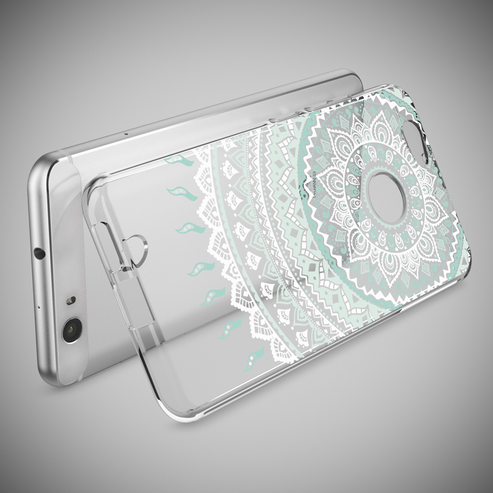 Transparente Handyhülle mit einem Mandala-Muster in Weiß, Grau und Türkis.