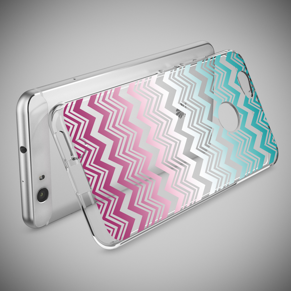 Coque de téléphone avec téléphone argenté et coque transparente à motif zigzag.