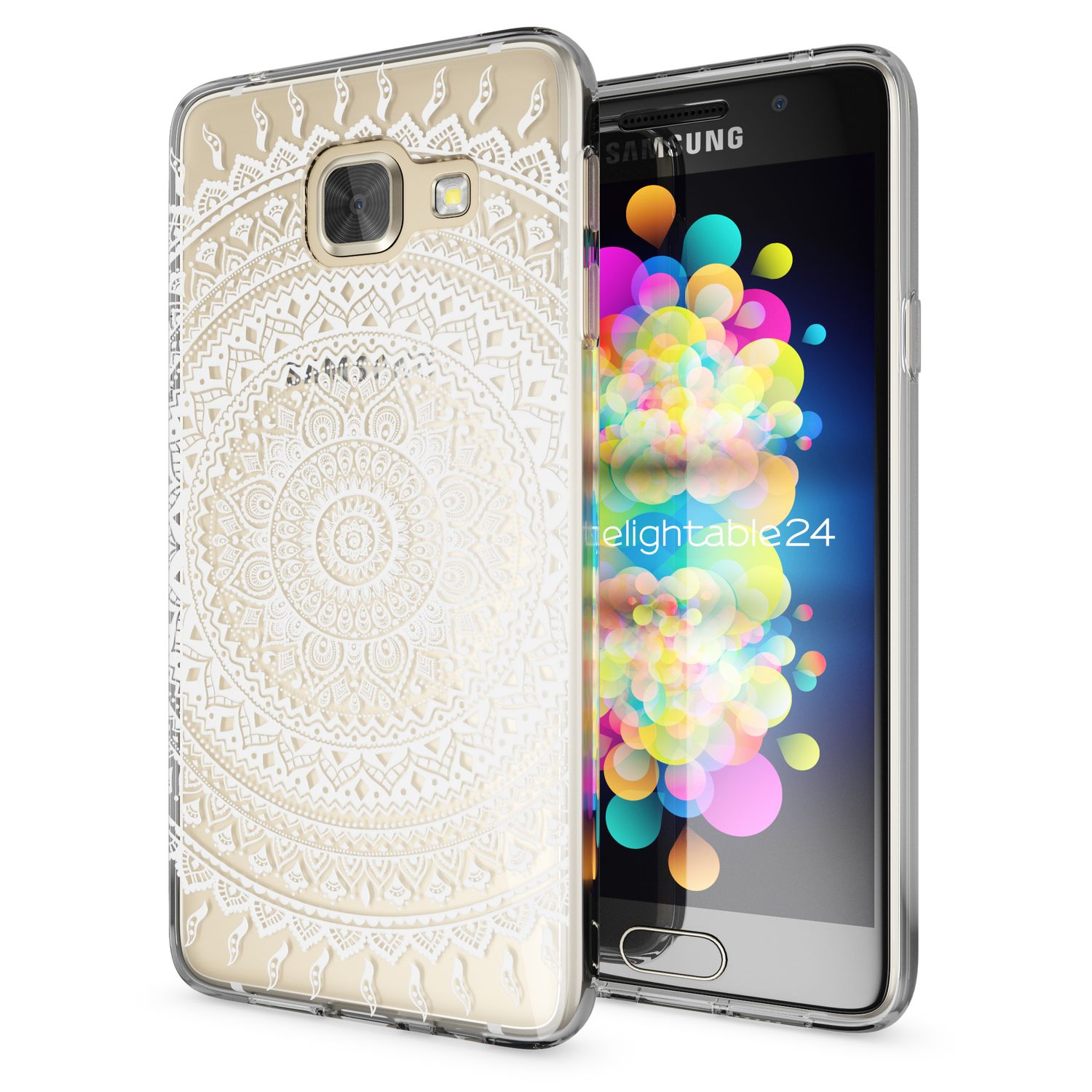 Transparente Handyhülle mit Mandala-Design auf einem Handy mit bunten Blasen auf dem Bildschirm.