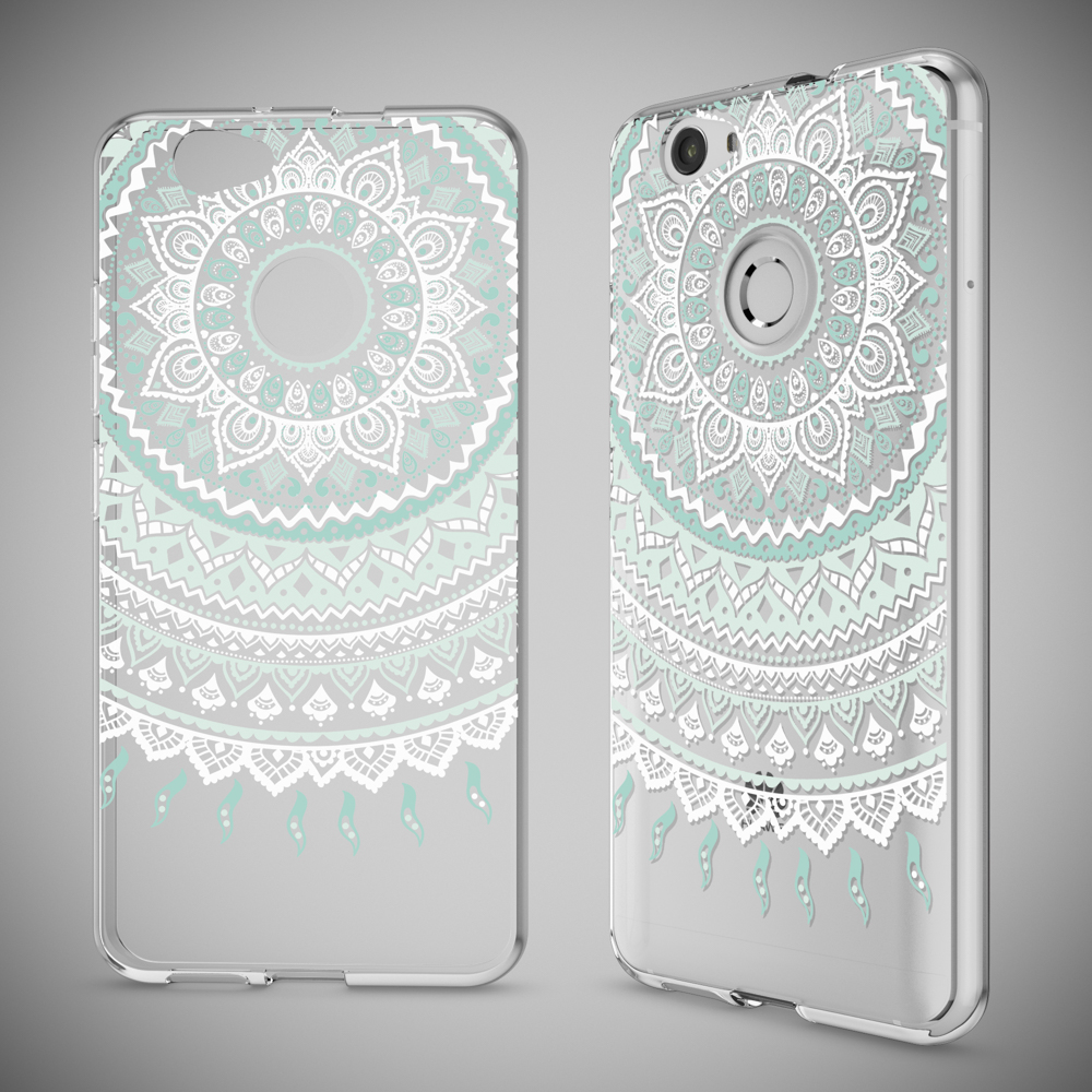 Deux coques de téléphone, une devant et une derrière, décorées de motifs mandala blancs et aqua.