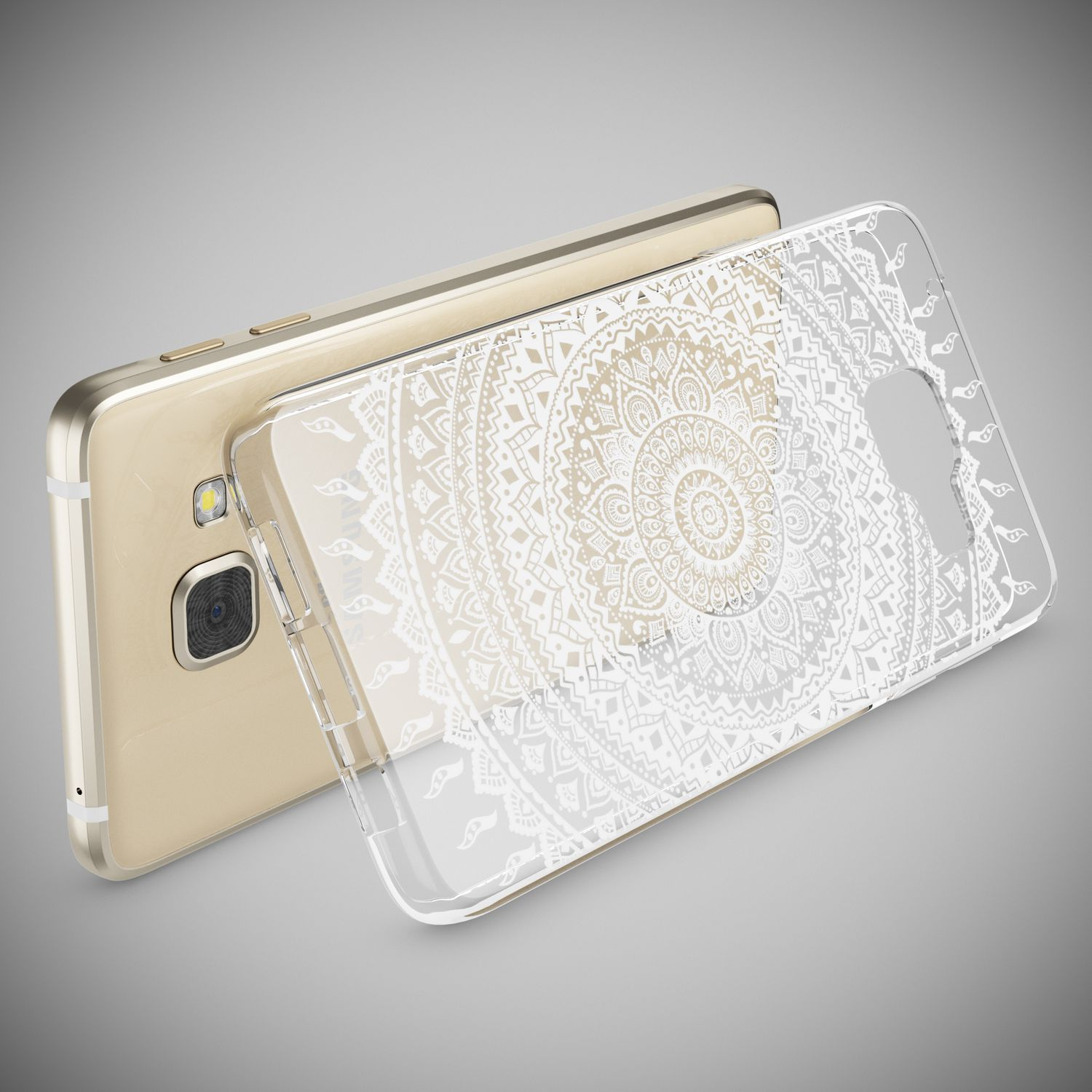 Goldenes Telefon mit klarer Hülle. Die Hülle hat ein weißes Mandala-Design. Grauer Hintergrund.