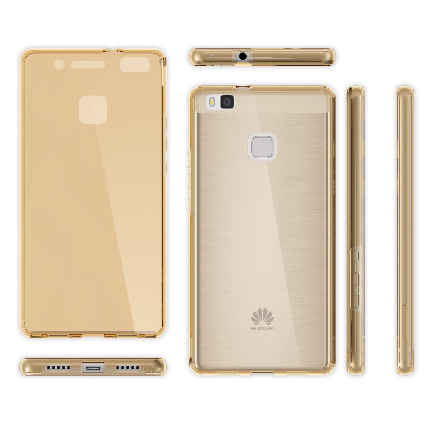 Goldenes Telefon in klarer Hülle, verschiedene Ansichten.