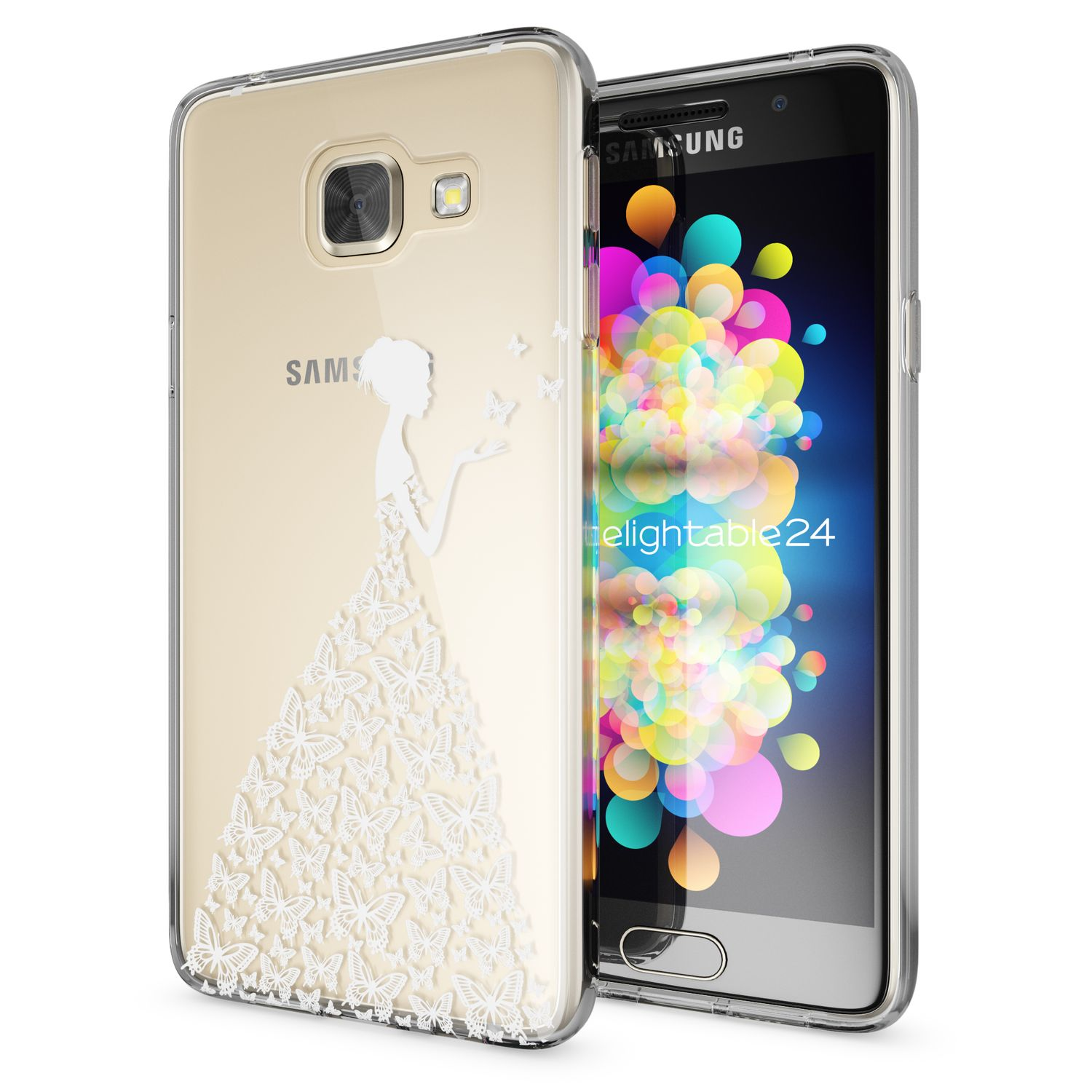 Ein Samsung-Telefon mit einer durchsichtigen Hülle, die eine Frau zeigt, die Schmetterlinge freilässt. Der Bildschirm zeigt Symbole.